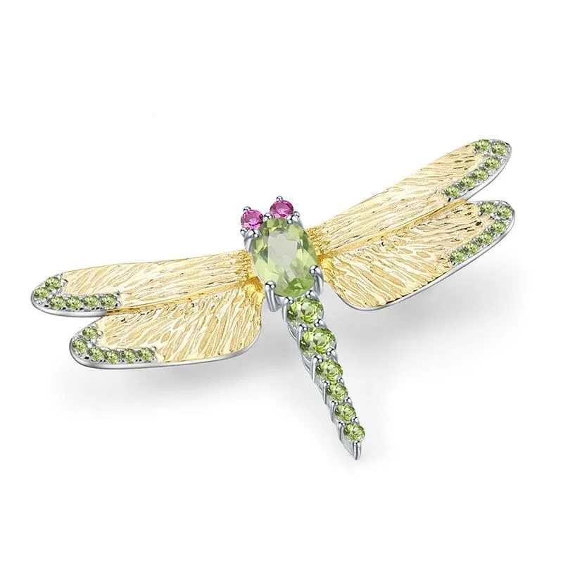 1.13Ct Peridot Gemstone 925 Sterling Silver Dragonfly Brooch