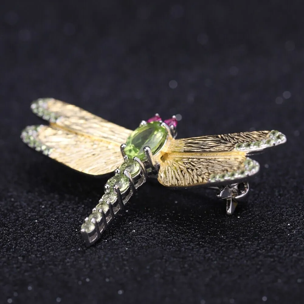 1.13Ct Peridot Gemstone 925 Sterling Silver Dragonfly Brooch