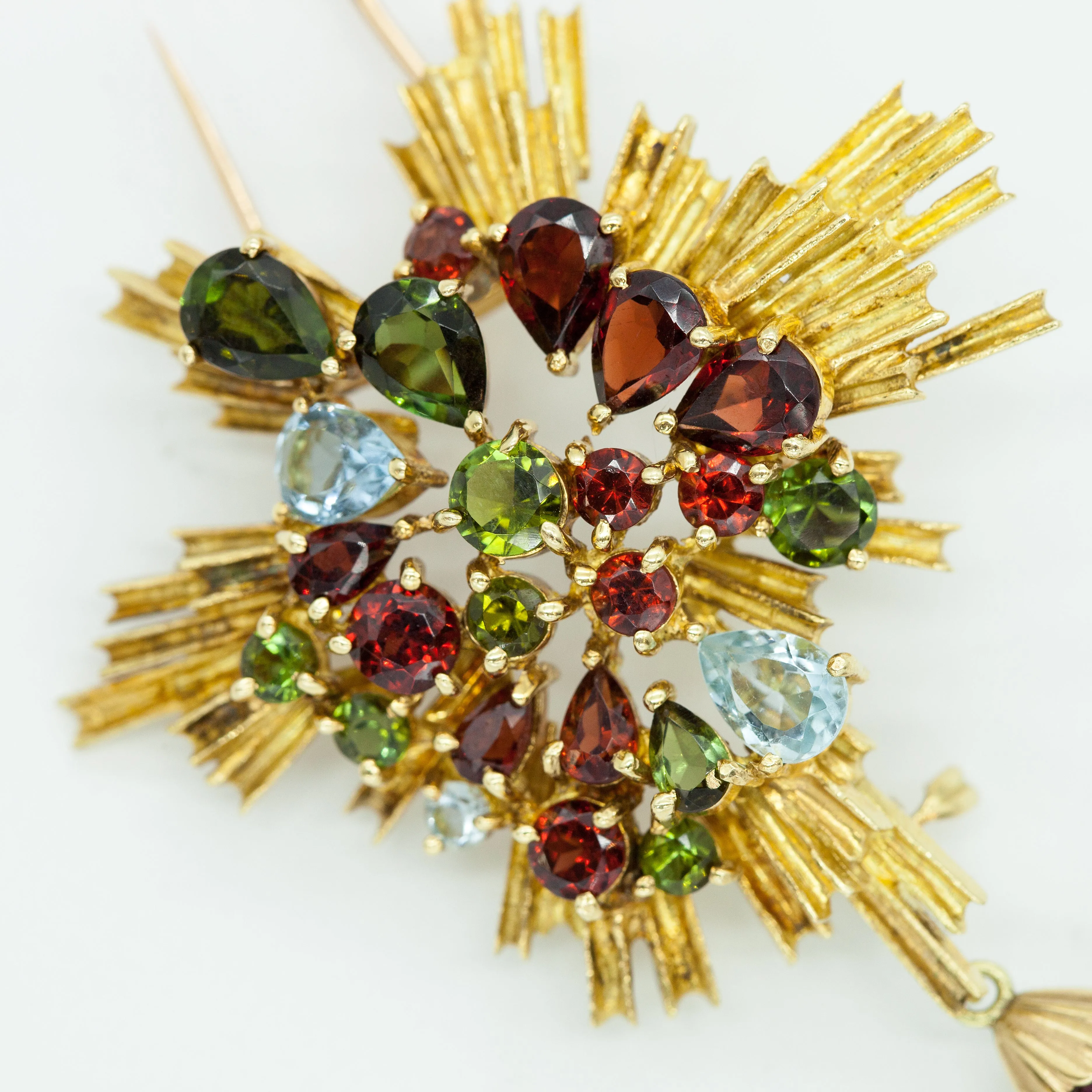 1960s H. Stern 18K Yellow gold 2-pin Brooch with Gems and Rubellite Drop