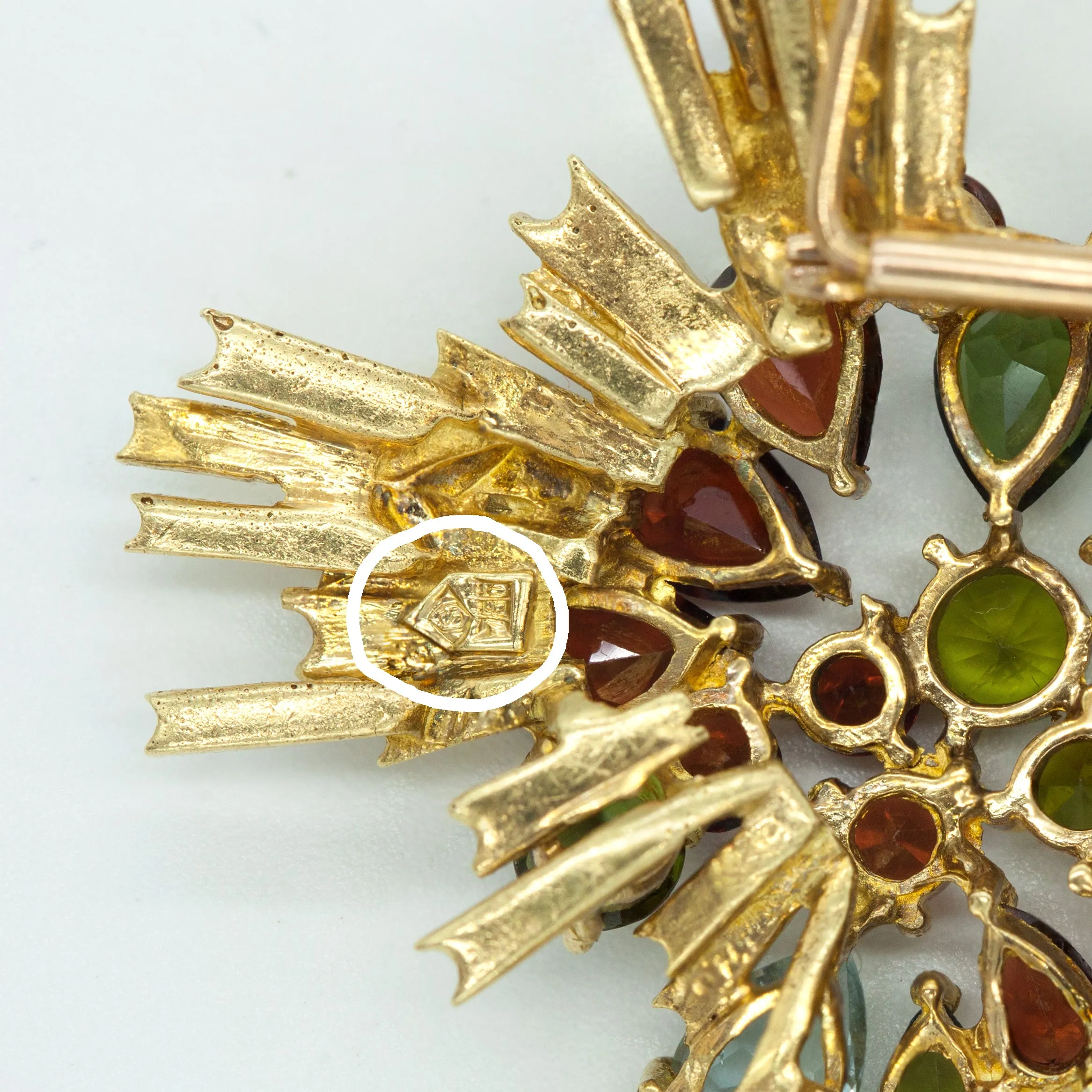 1960s H. Stern 18K Yellow gold 2-pin Brooch with Gems and Rubellite Drop