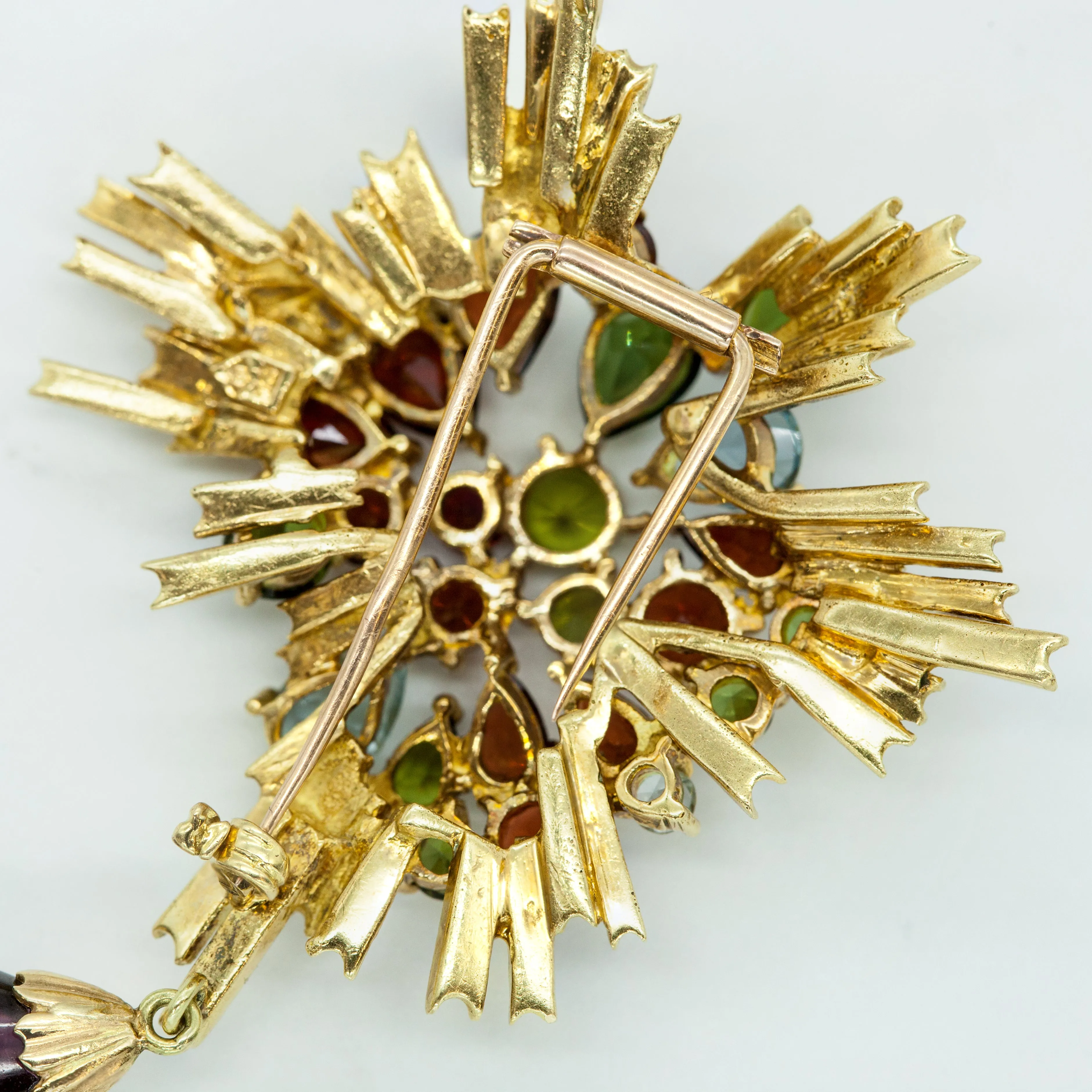 1960s H. Stern 18K Yellow gold 2-pin Brooch with Gems and Rubellite Drop