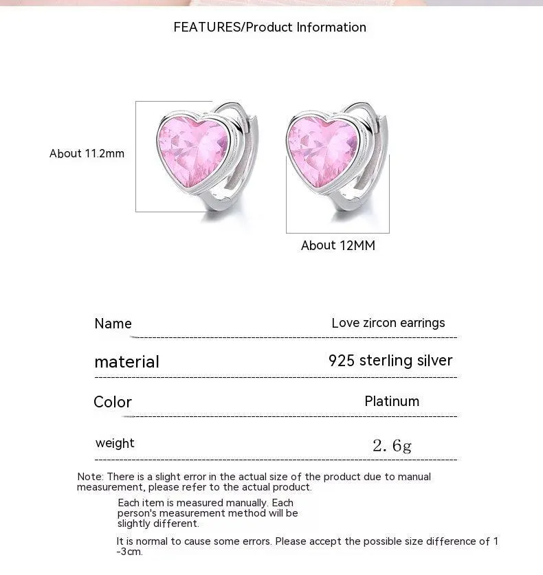 925 Loving Heart In Sterling Silver Zircon Earrings Women's Heart-shaped