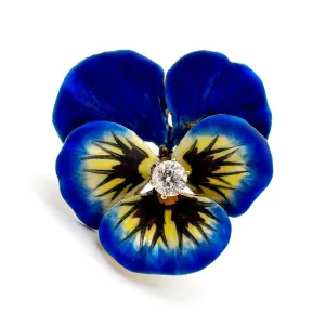 Antique Art Nouveau 14K Yellow Gold Blue Enamel Pansy Flower Old European Diamond Brooch/Pendant