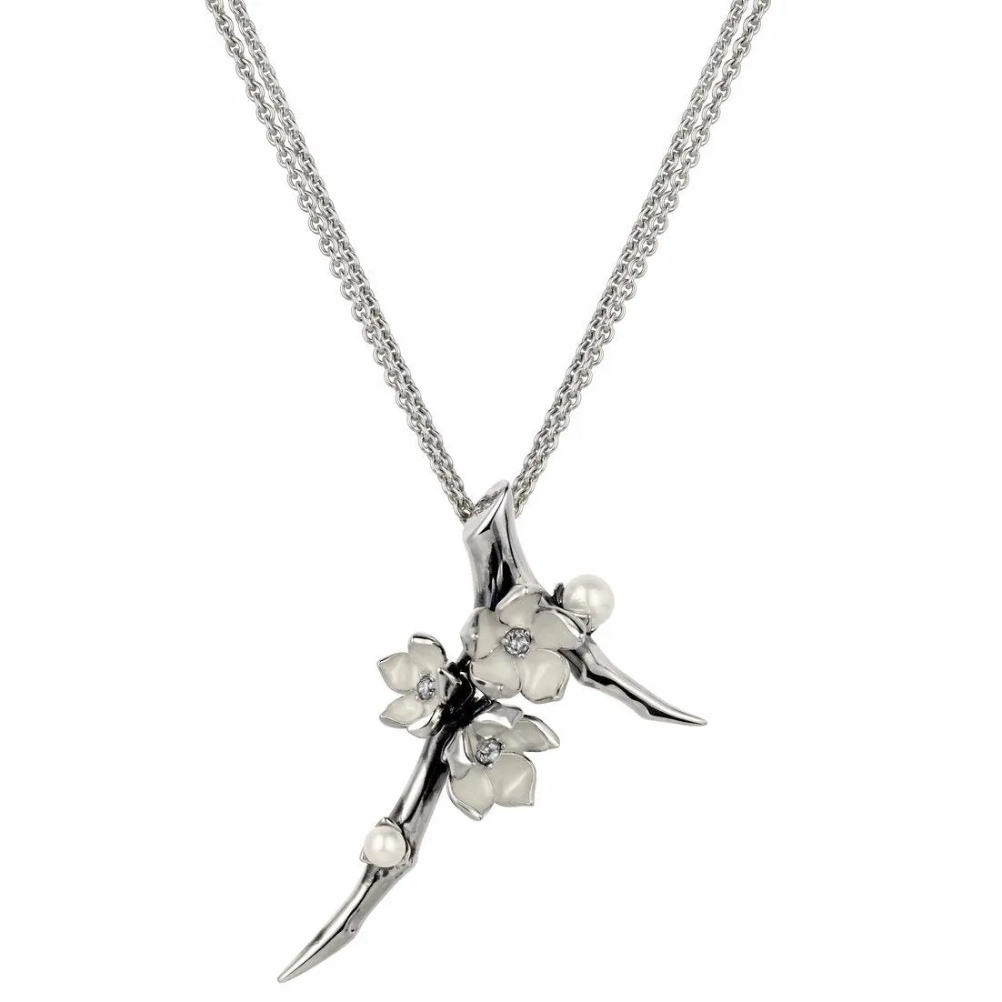 Cherry Blossom Branch Pendant - Silver, Diamond & Pearl