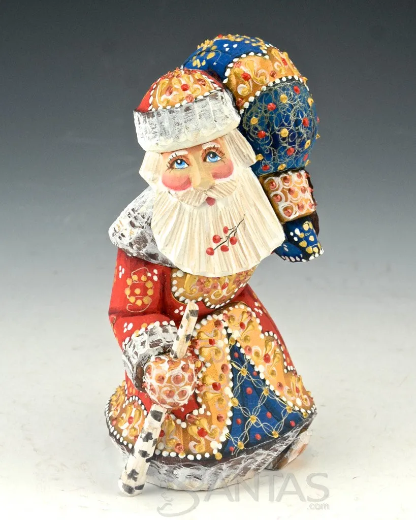 Colorful and Santa with Staff and Toy Bag Russian Santa Claus Carving