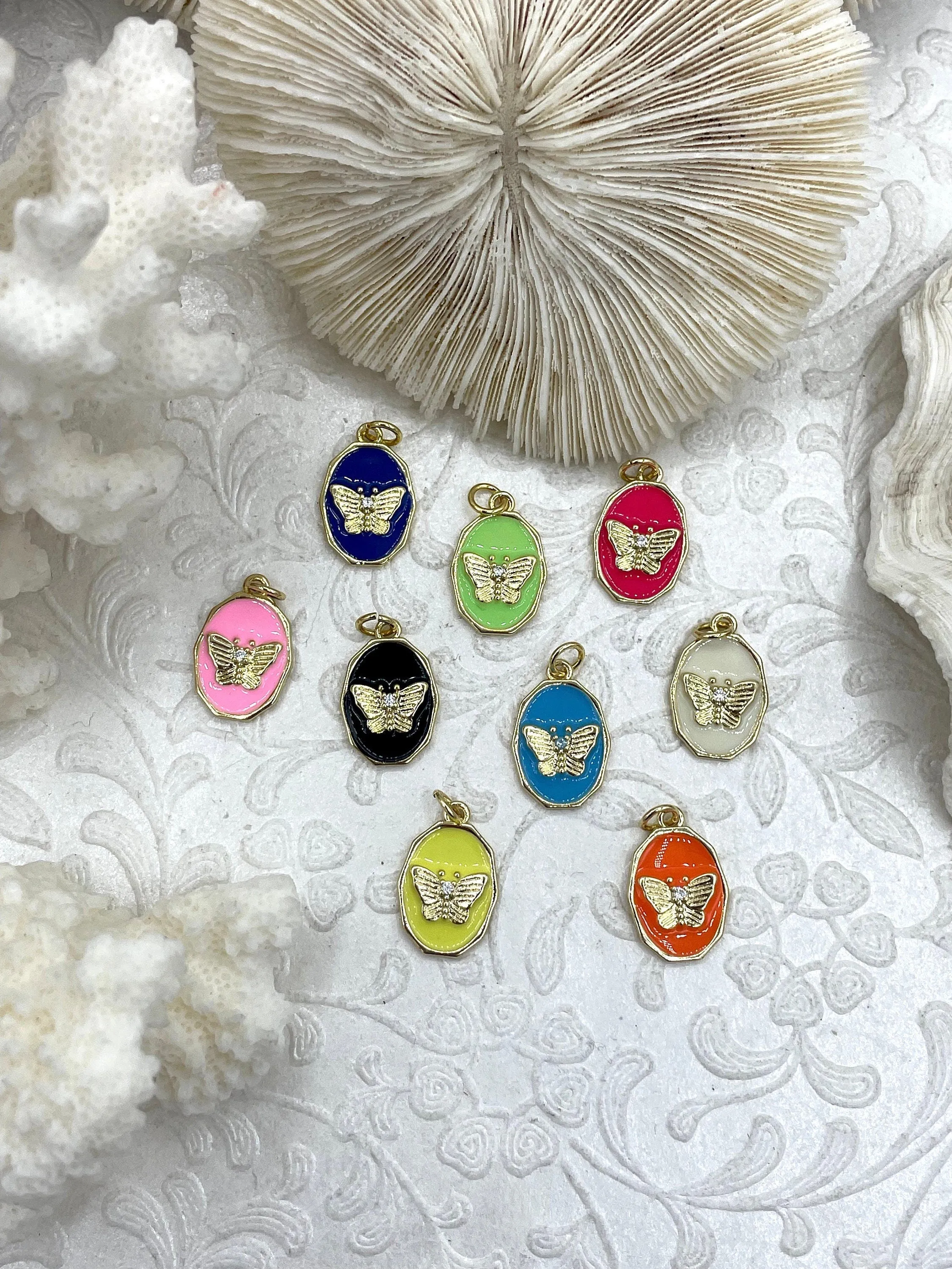 Colorful Enamel and Gold Butterfly Pendants with CZ, Gold Butterfly Charm, 9 Colors, Enamel and Gold Plated Brass Pendants, Fast Ship.