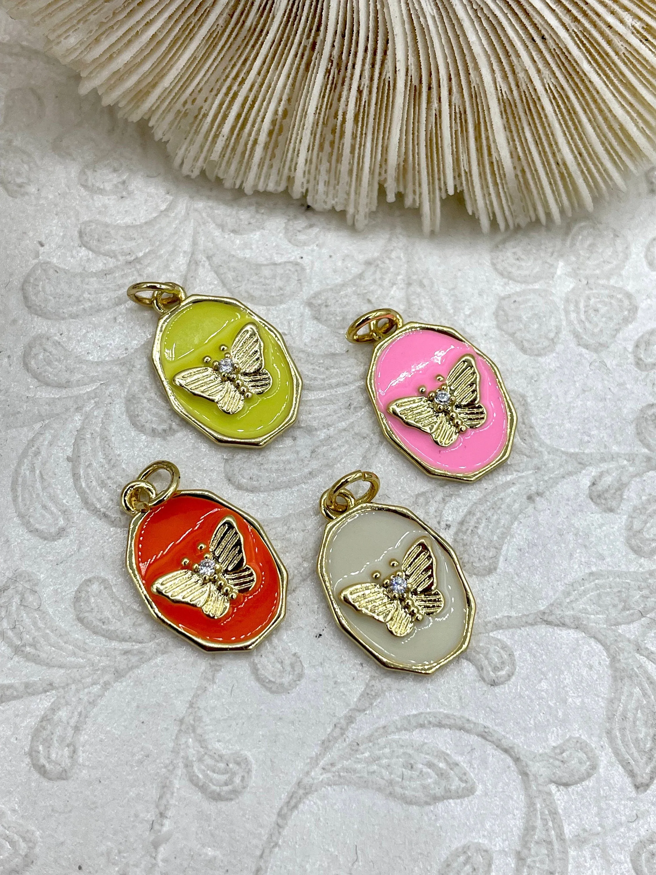 Colorful Enamel and Gold Butterfly Pendants with CZ, Gold Butterfly Charm, 9 Colors, Enamel and Gold Plated Brass Pendants, Fast Ship.