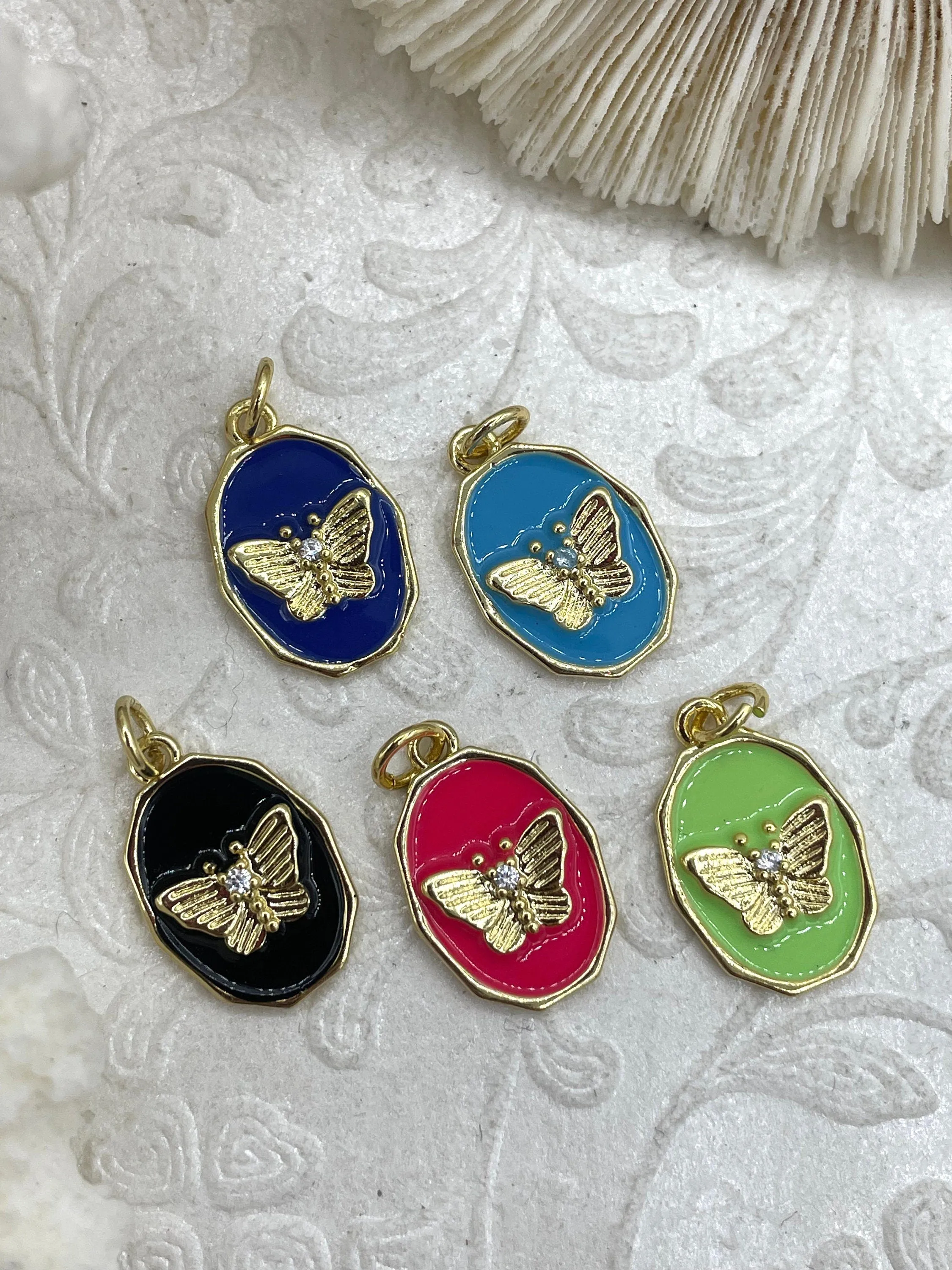 Colorful Enamel and Gold Butterfly Pendants with CZ, Gold Butterfly Charm, 9 Colors, Enamel and Gold Plated Brass Pendants, Fast Ship.