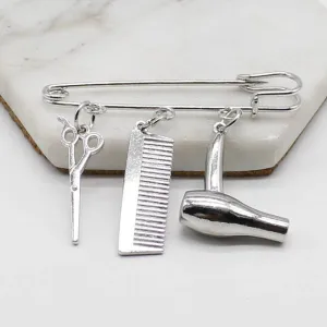 Creative Personality Hair Stylist Brooch Charm Jewelry Hairdressing Scissors Comb Pendant Washing and Cutting Brooch