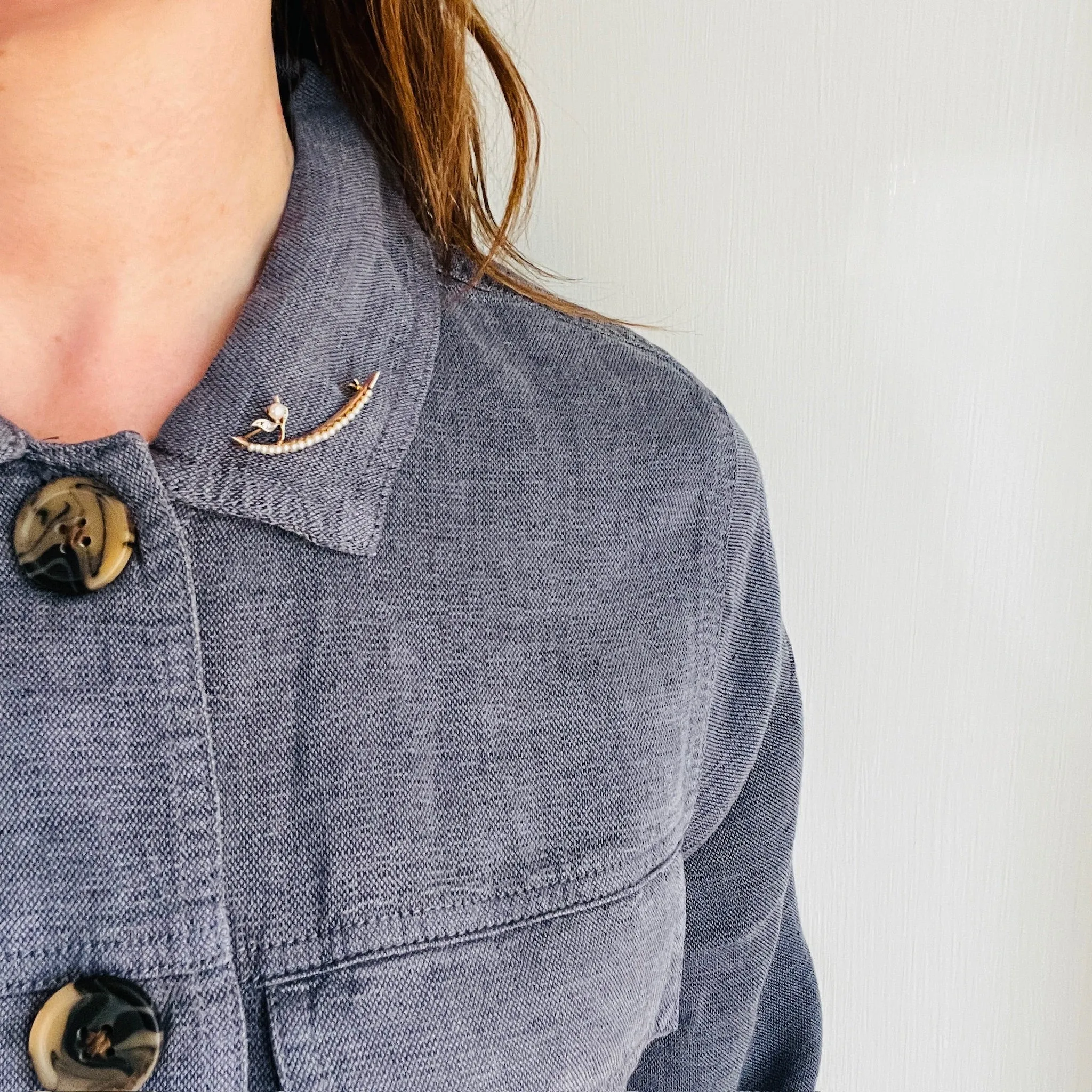 Crescent Moon Brooch with Pearl & Diamond Sprig