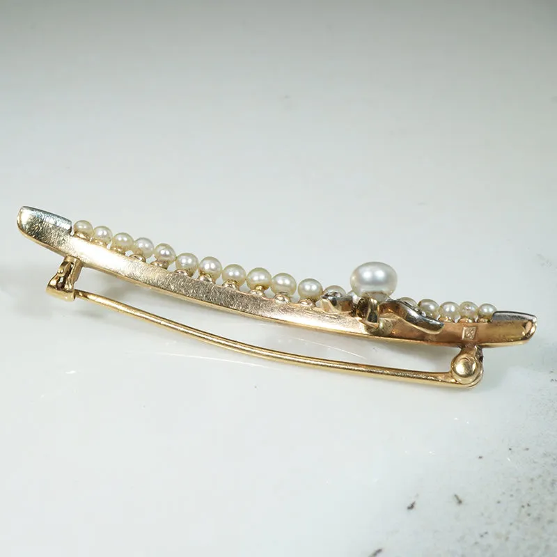 Crescent Moon Brooch with Pearl & Diamond Sprig