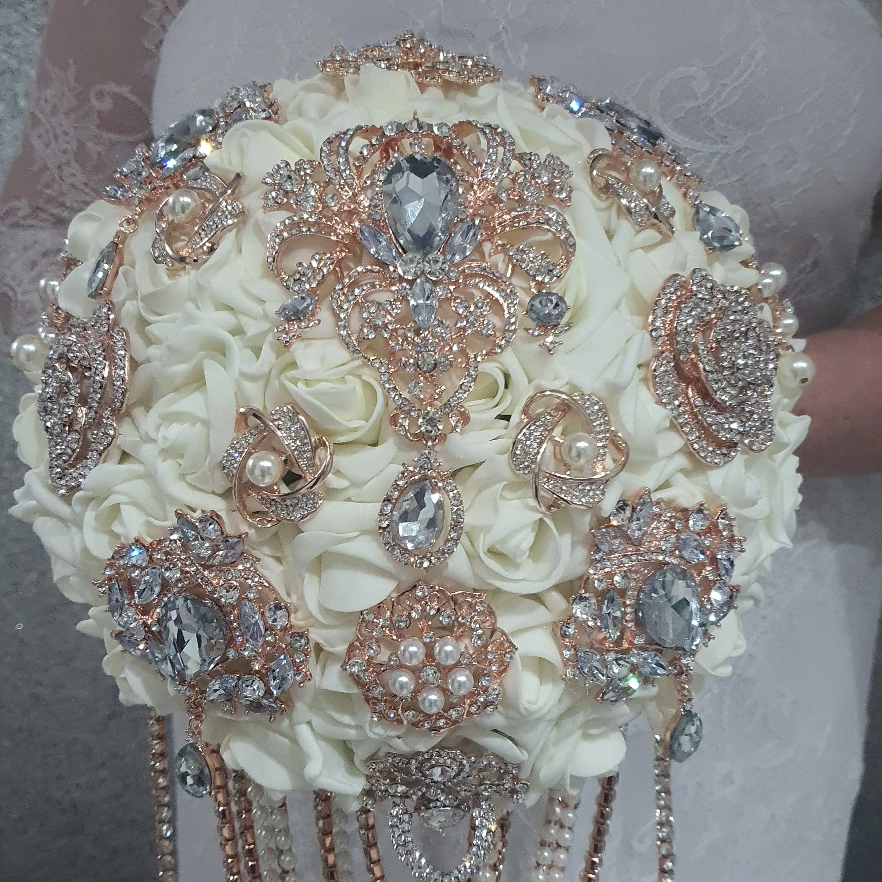 Crystal Brooch and Pearl drape bouquet by Crystal wedding uk