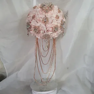 Crystal Brooch blush and rose gold drape  bouquet by Crystal wedding uk