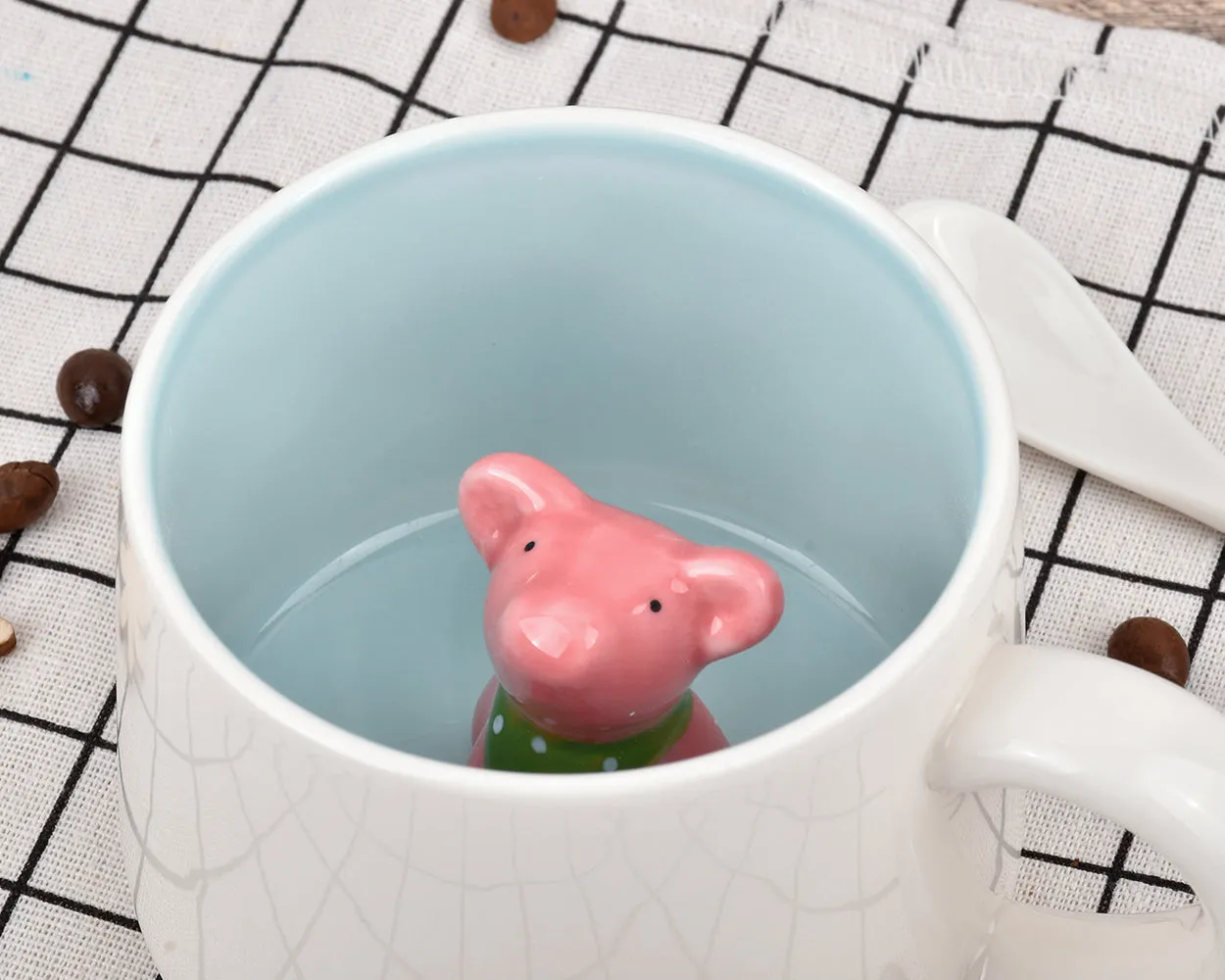 Cute Animal Ceramic Coffee Cup with Lid and Spoon