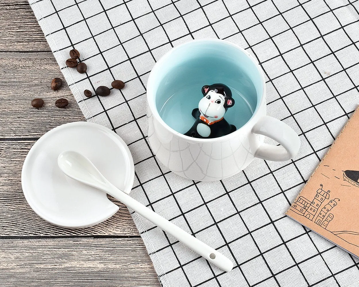 Cute Animal Ceramic Coffee Cup with Lid and Spoon