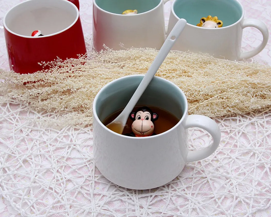 Cute Animal Ceramic Coffee Cup with Lid and Spoon