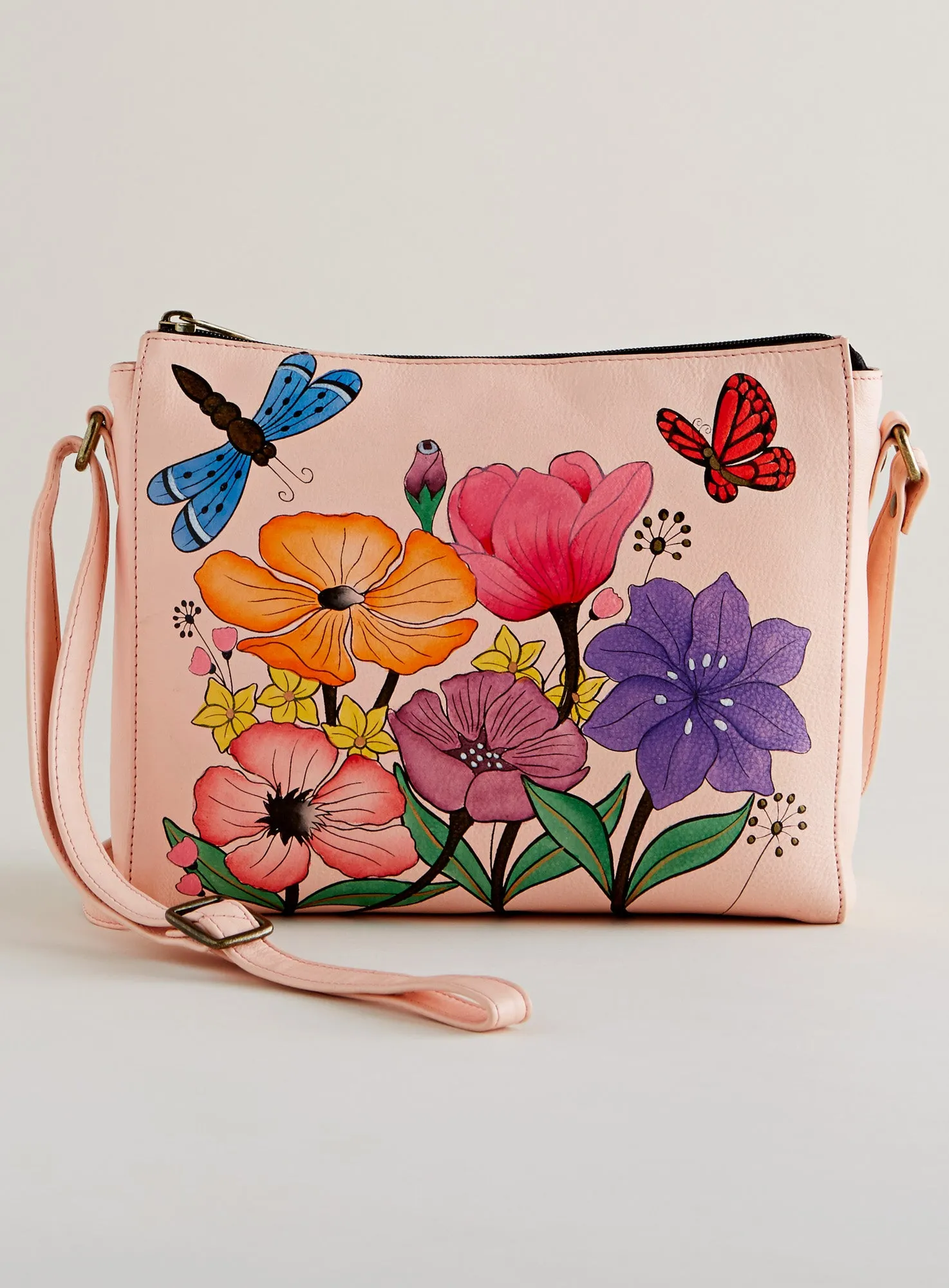 Dragonfly Garden Hand-painted Leather Crossbody Bag