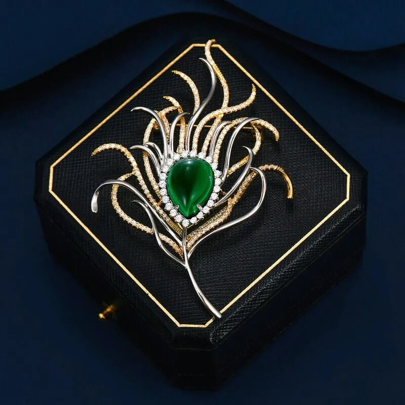 Emerald Peacock Feather Brooch