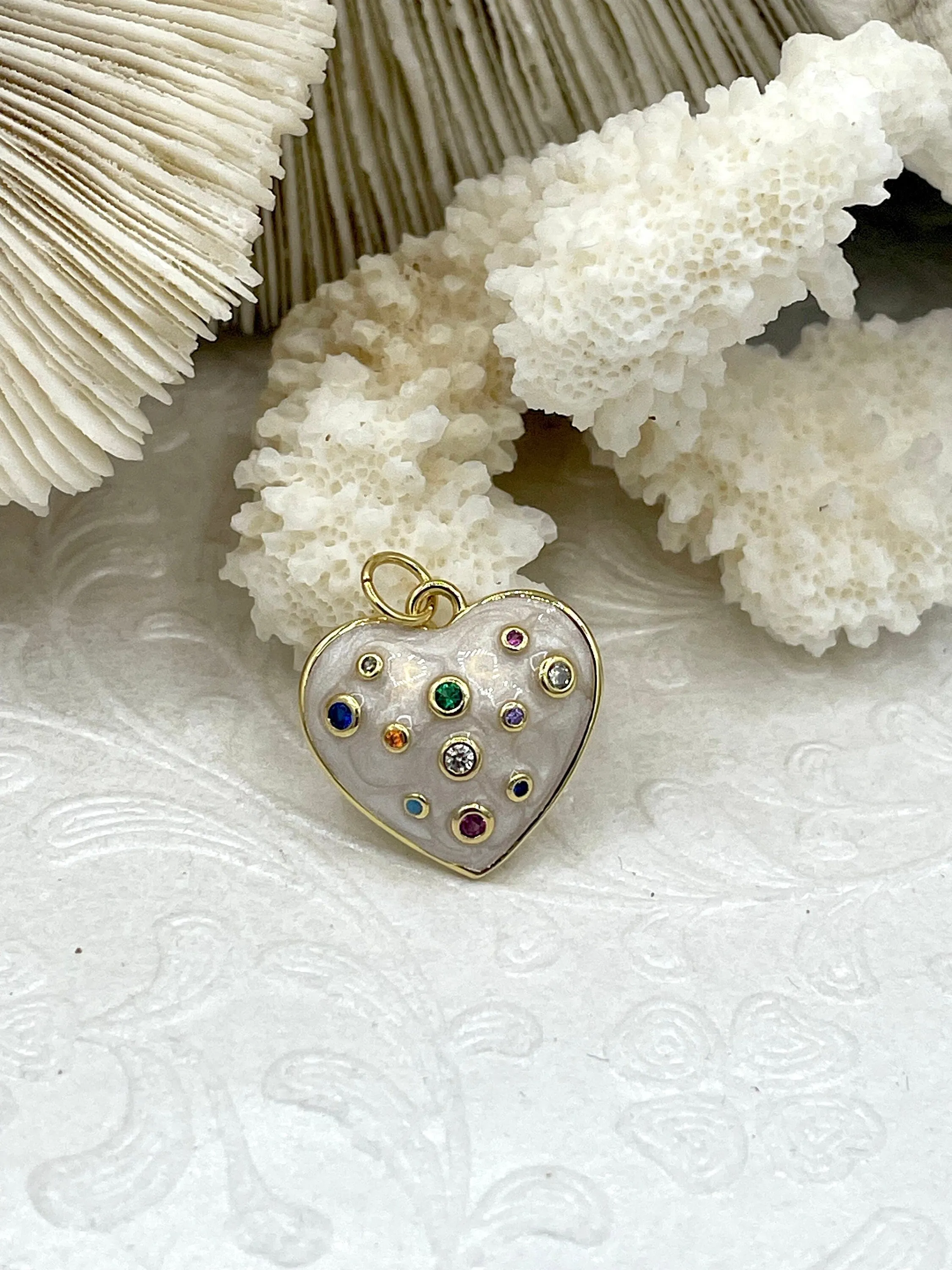 Enamel Heart Charms with Colorful Cubic Zirconia, CZ Micro Pave pendant,Enamel Pendant, gold plated brass, 16mm x 17.5mm x 4mm.Fast Shipping