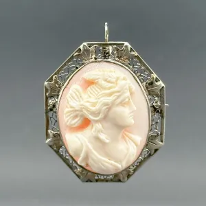 Estate Art Deco 10K W Gold Cameo Pendant/Pin