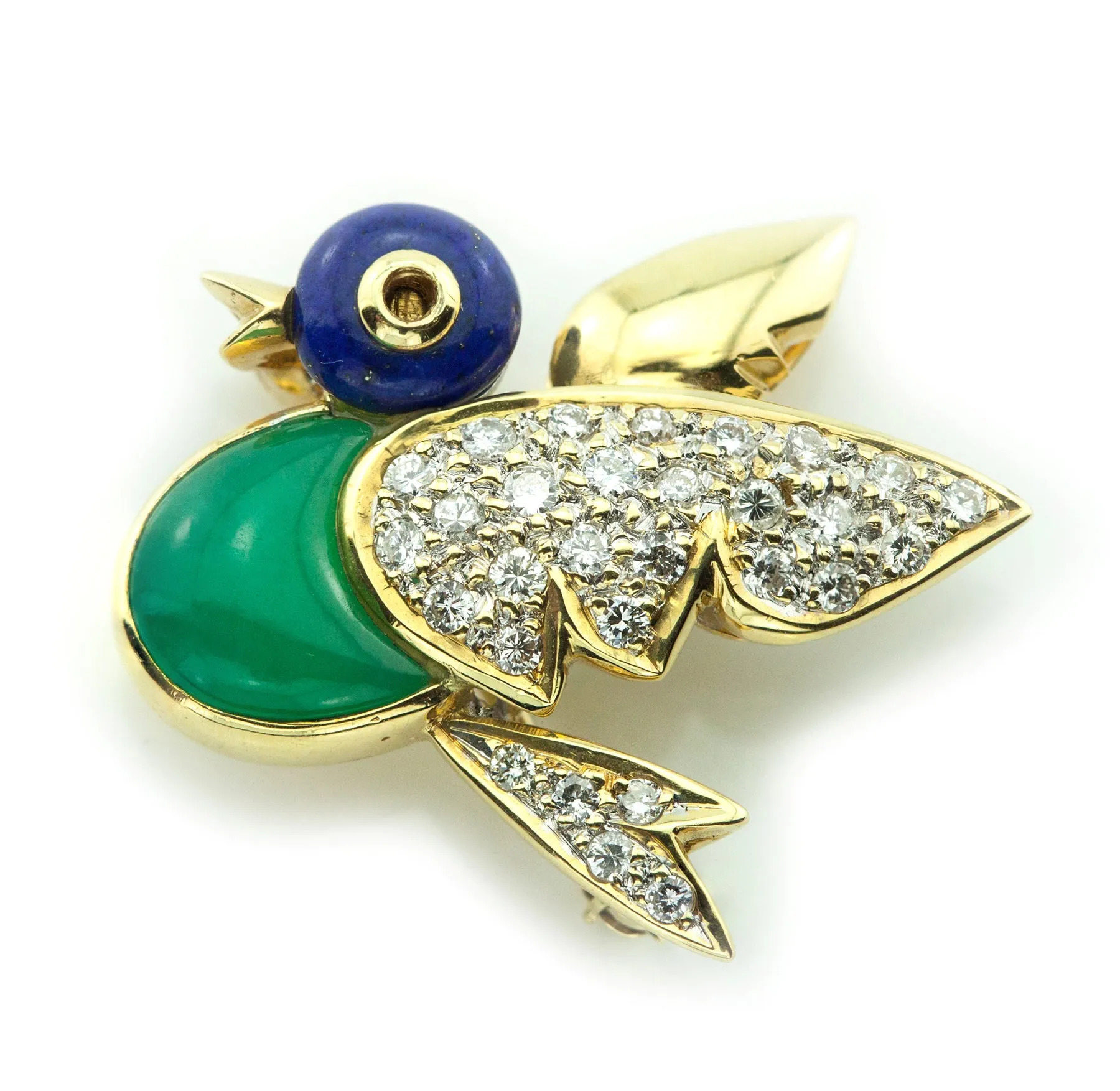 Gold Bird Brooch Pendant With Lapis, Chrysoprase & Diamonds