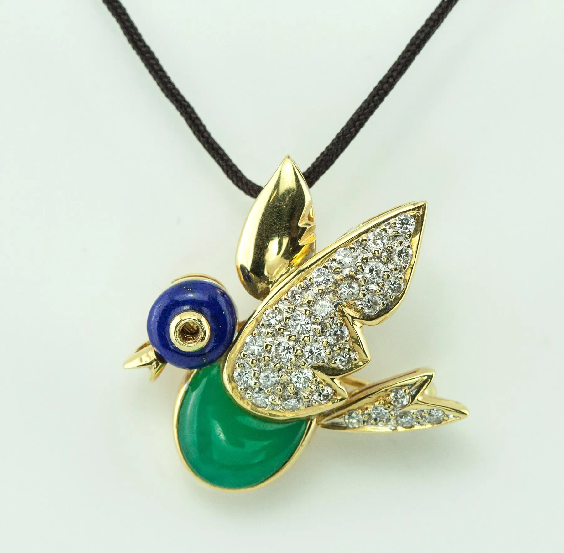 Gold Bird Brooch Pendant With Lapis, Chrysoprase & Diamonds