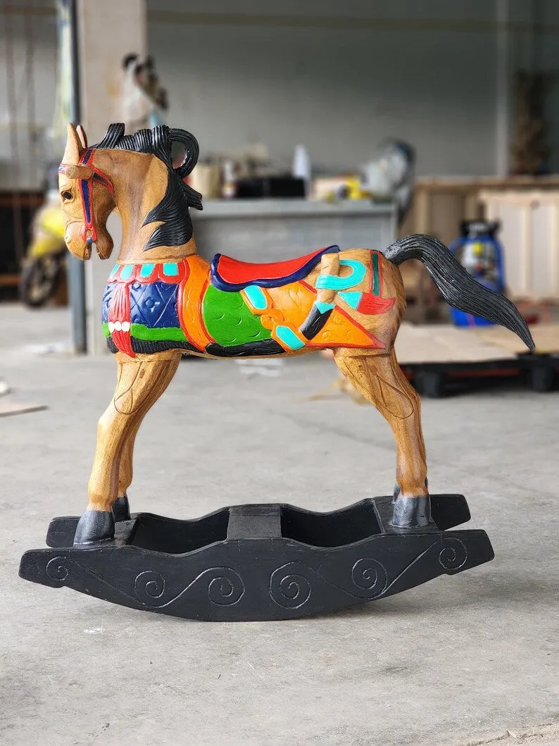 Hand-Painted Solid Wood Rocking Horse - Hand Carved, 3 Available