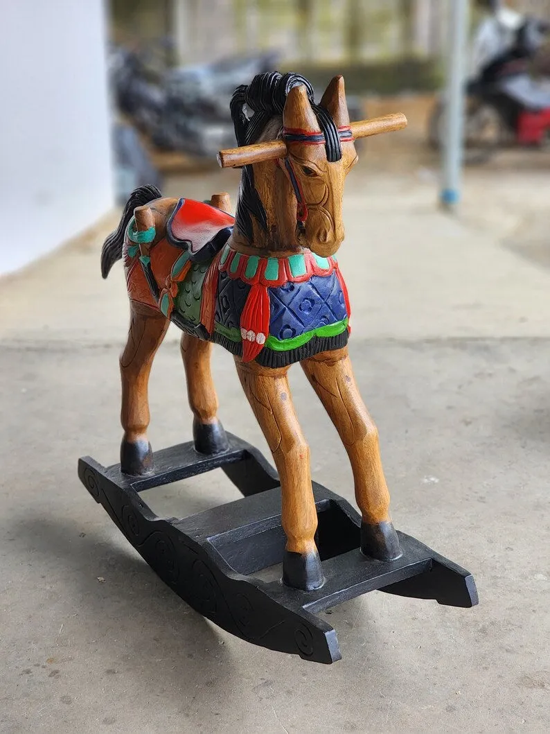 Hand-Painted Solid Wood Rocking Horse - Hand Carved, 3 Available