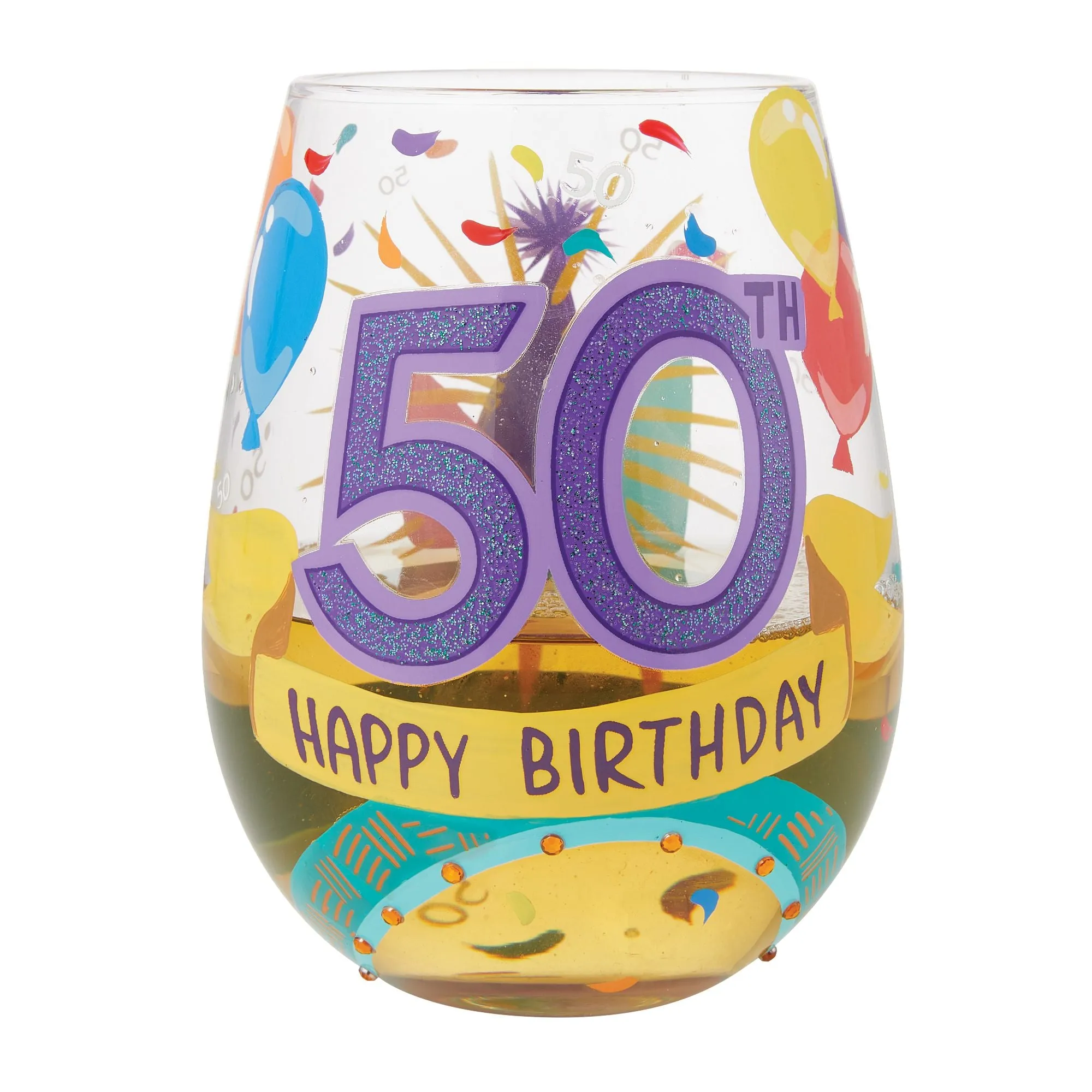 Happy 50th Birthday Hand Painted Stemless Wine Glass