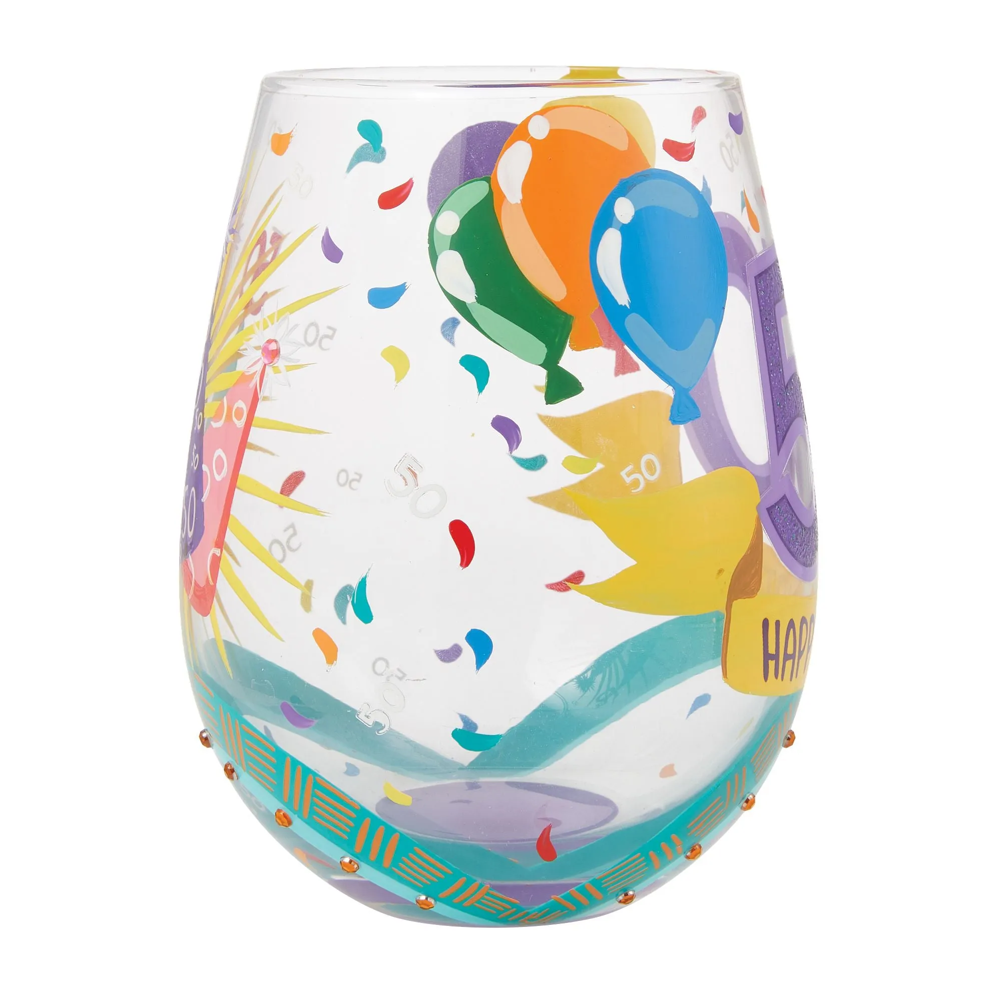 Happy 50th Birthday Hand Painted Stemless Wine Glass