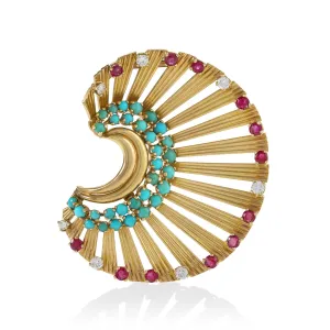 Janca Turquoise and Ruby Gold Fan Brooch