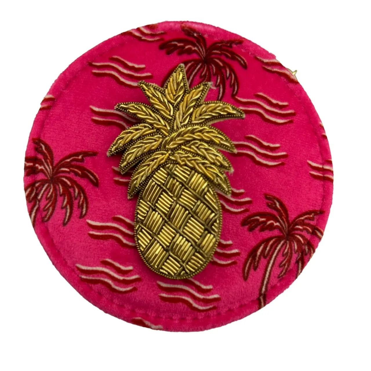 Jewellery travel pot in pink palm print with a pineapple brooch