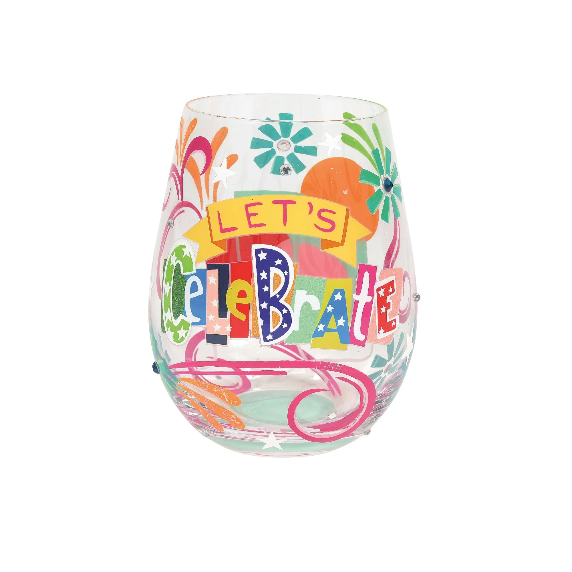 Let's Celebrate Hand Painted stemless wine glass