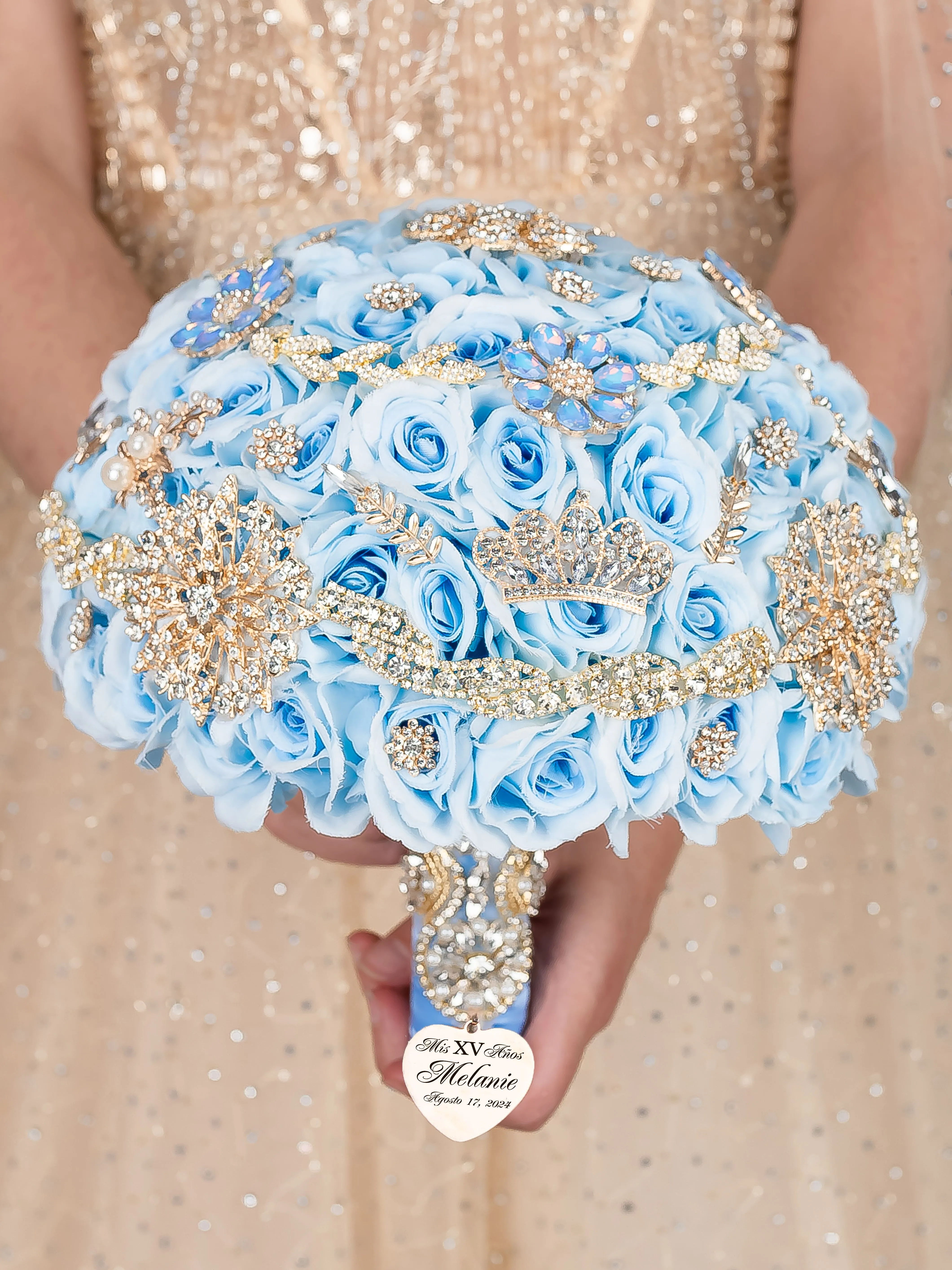 Light Blue Gold  quinceanera bouquet 13 inches