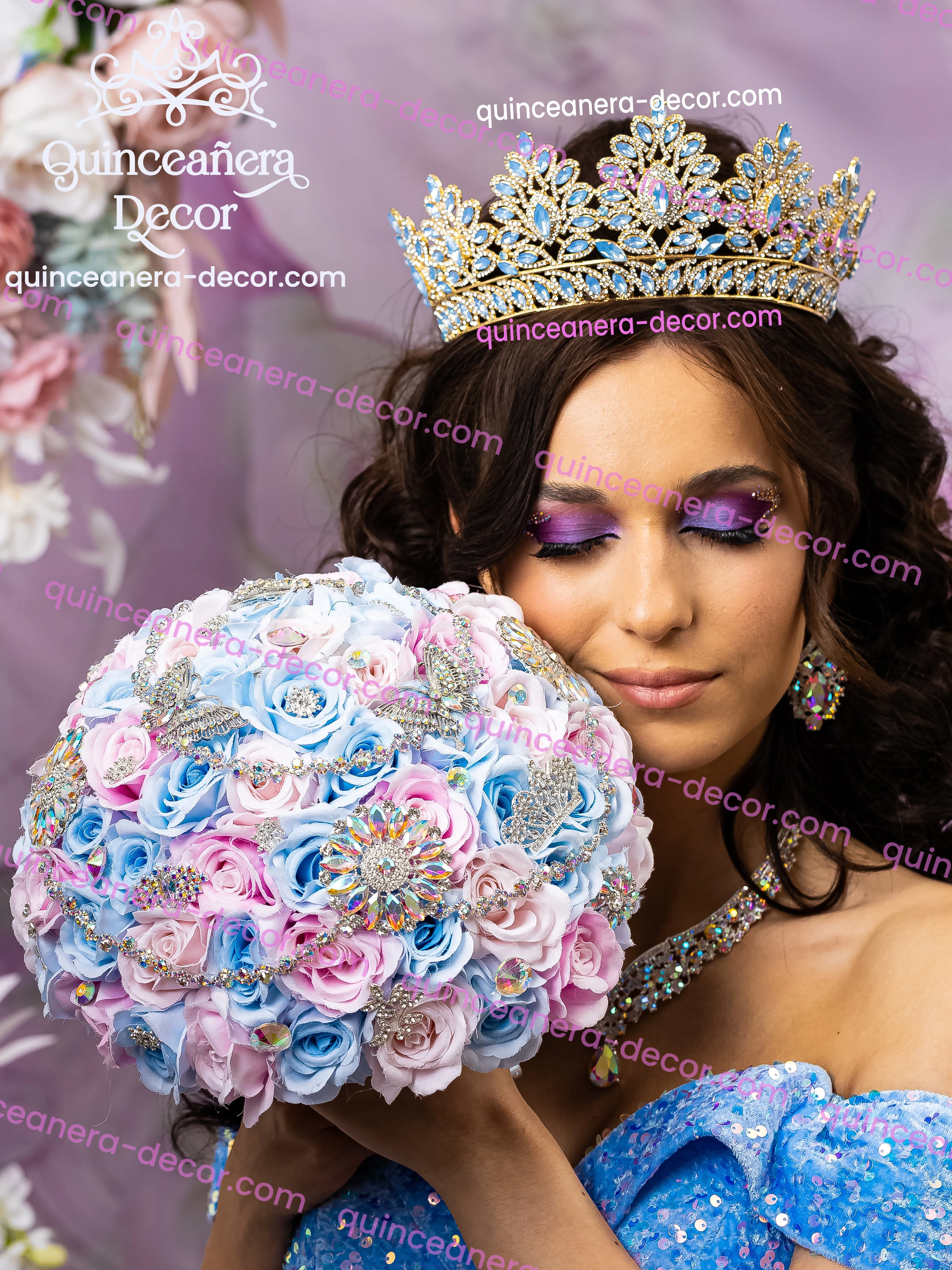 Light blue Lilac Pink quinceanera bouquet 9 inches