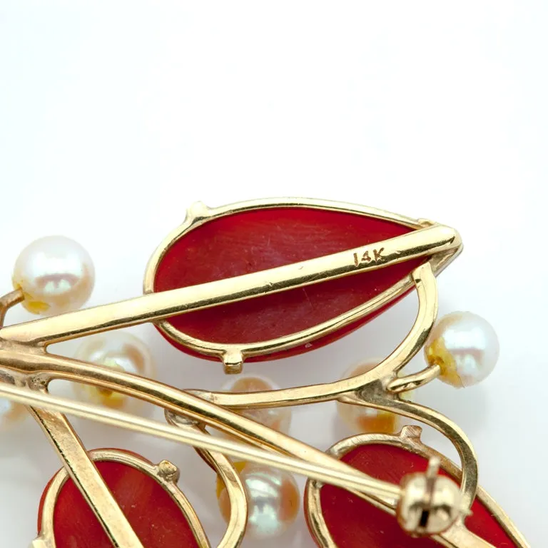 Ming's Brooch in 14K Yellow Gold with Coral and Pearls