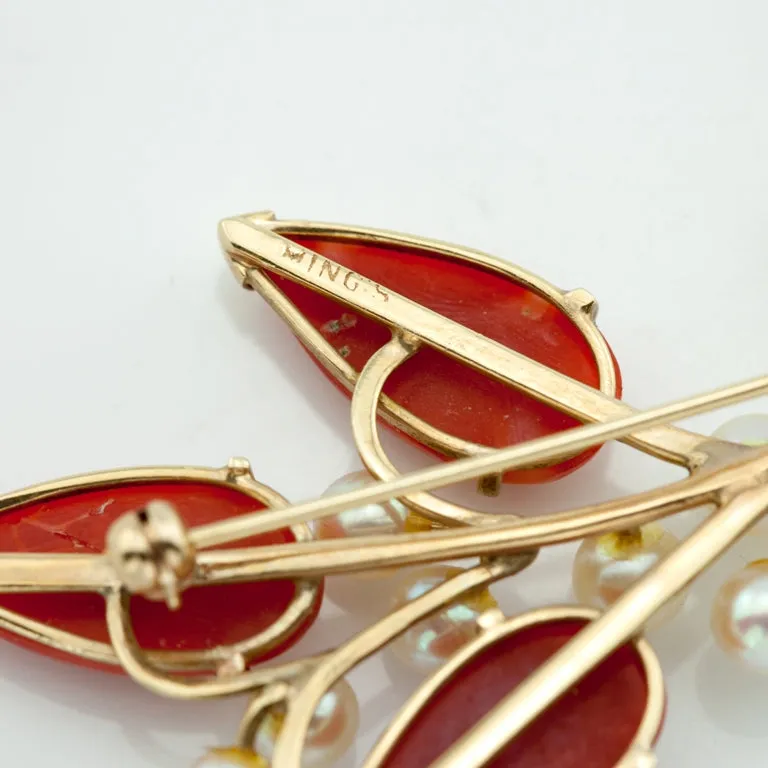 Ming's Brooch in 14K Yellow Gold with Coral and Pearls