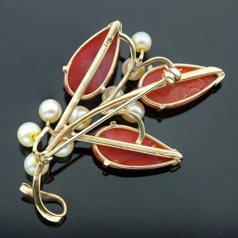 Ming's Brooch in 14K Yellow Gold with Coral and Pearls