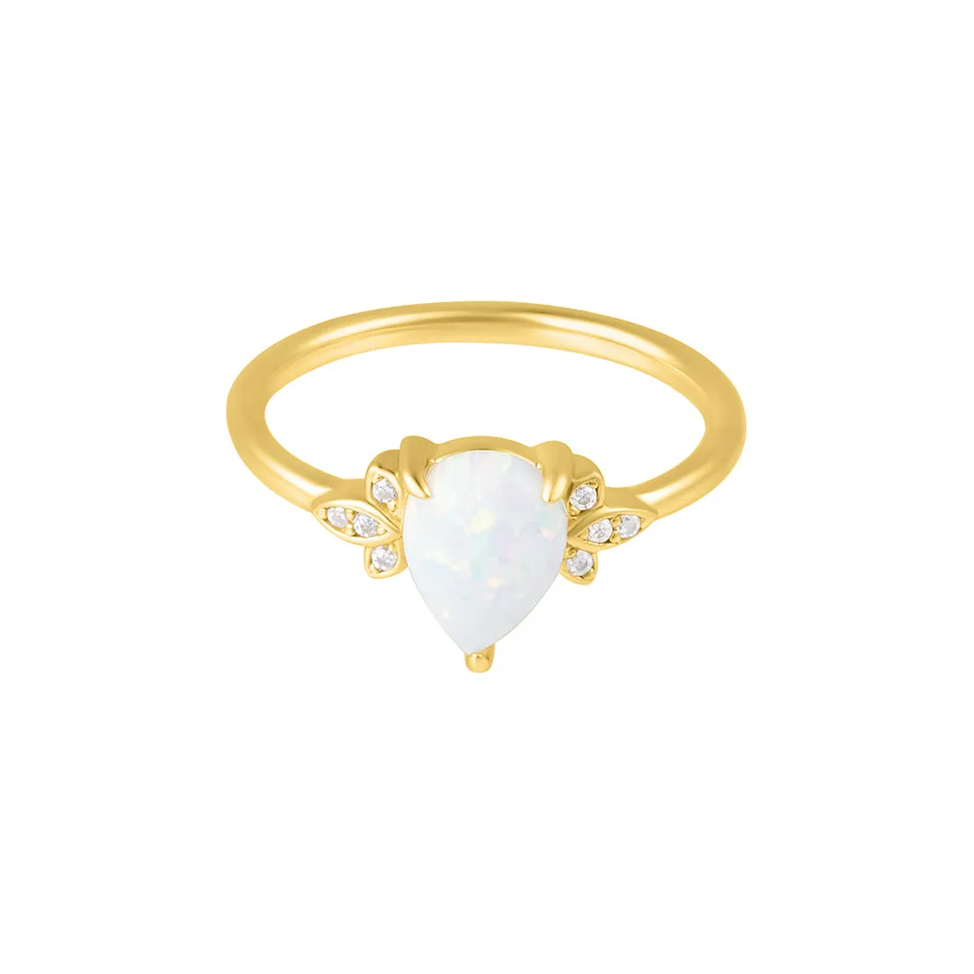 Opal Pear Cut and Moissanite Ring 14k gold vermeil