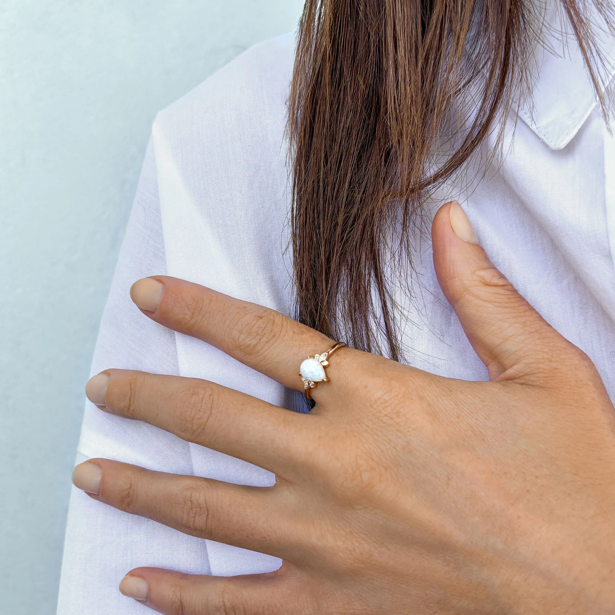 Opal Pear Cut and Moissanite Ring 14k gold vermeil