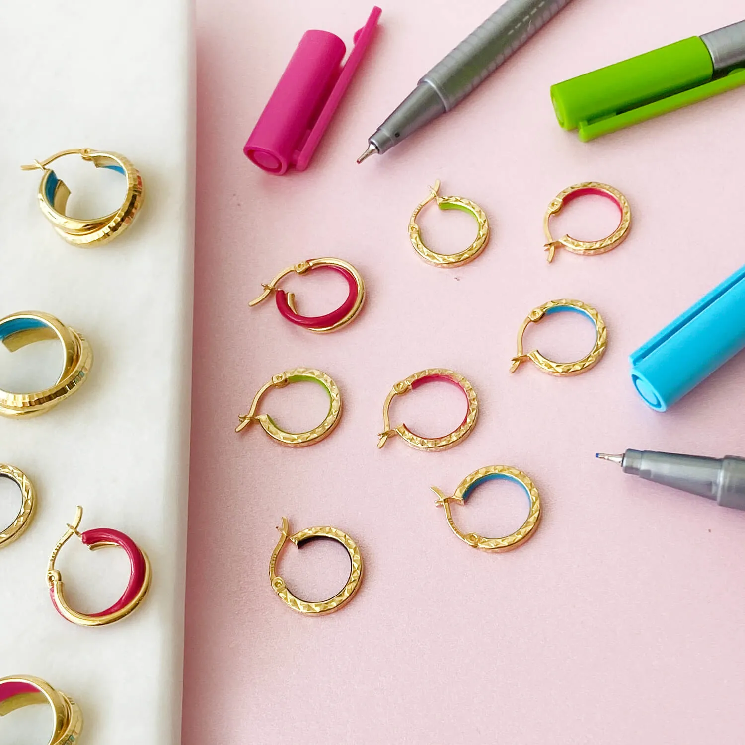 Petite Gold and Black Enamel Diamond Cut Huggie Hoop Earrings