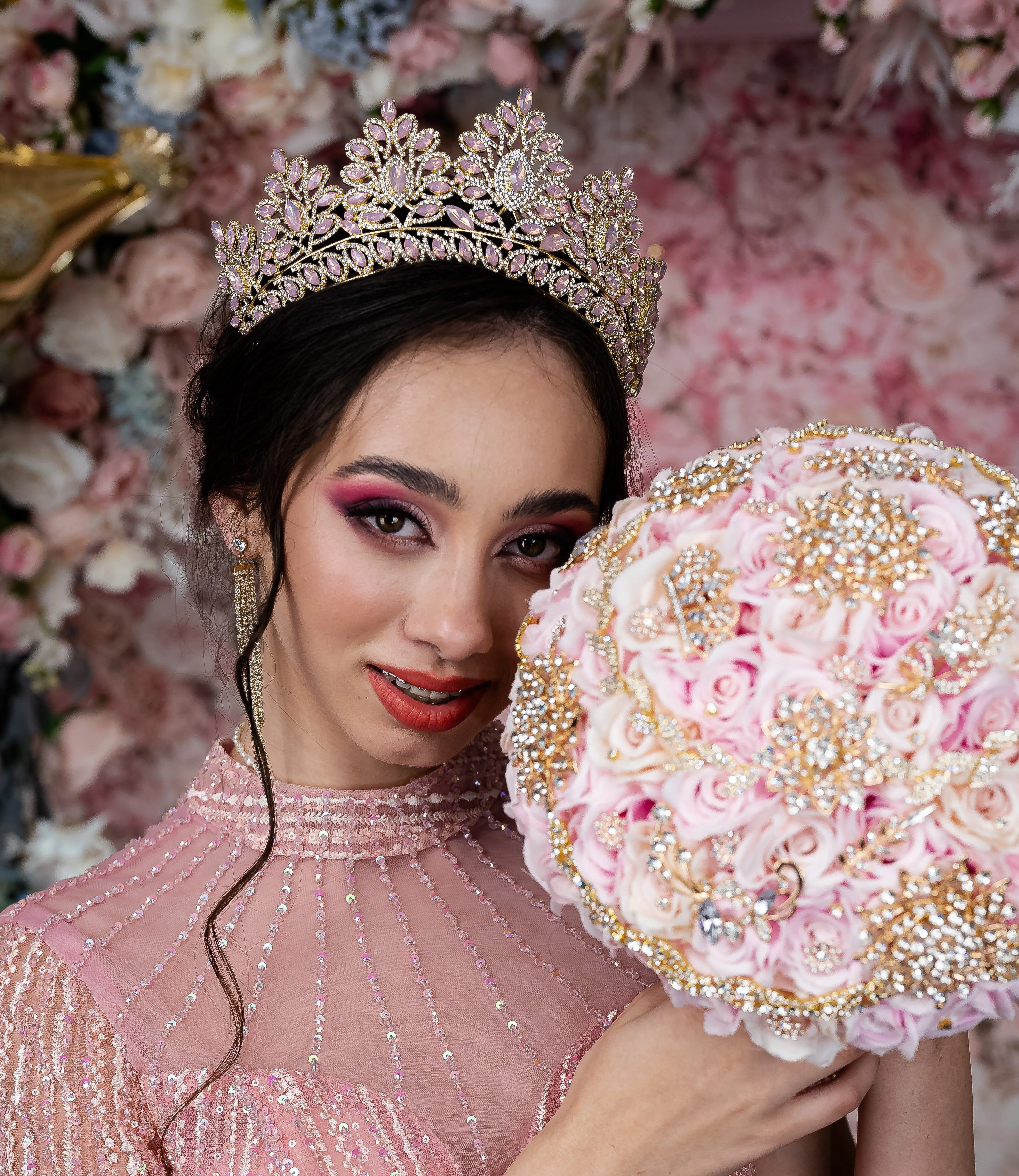 Pink and Gold quinceanera bouquet 13 inches