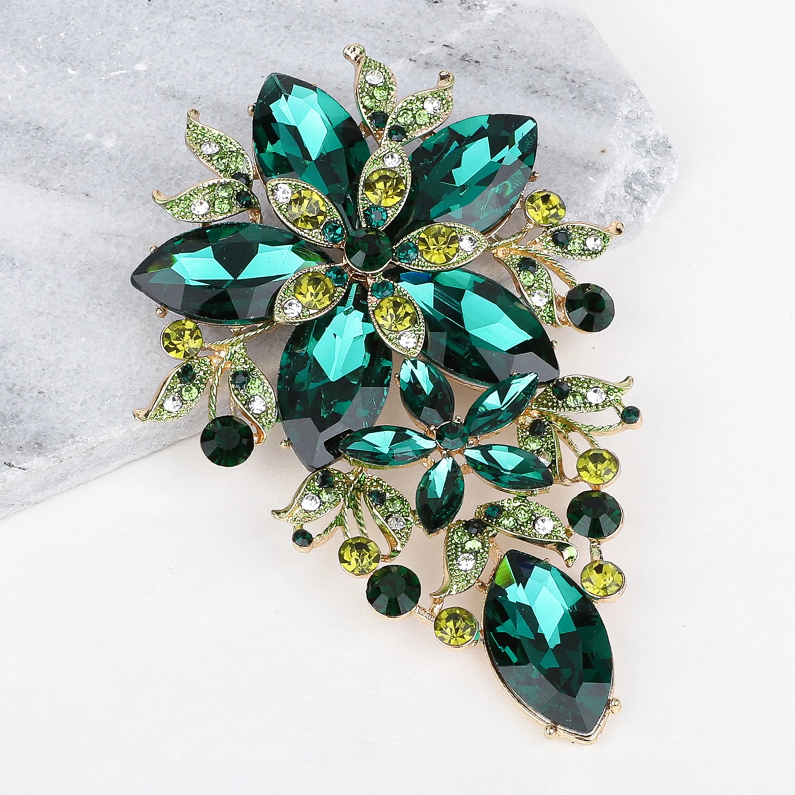 Piper Floral Statement Rhinestone Brooch - Green