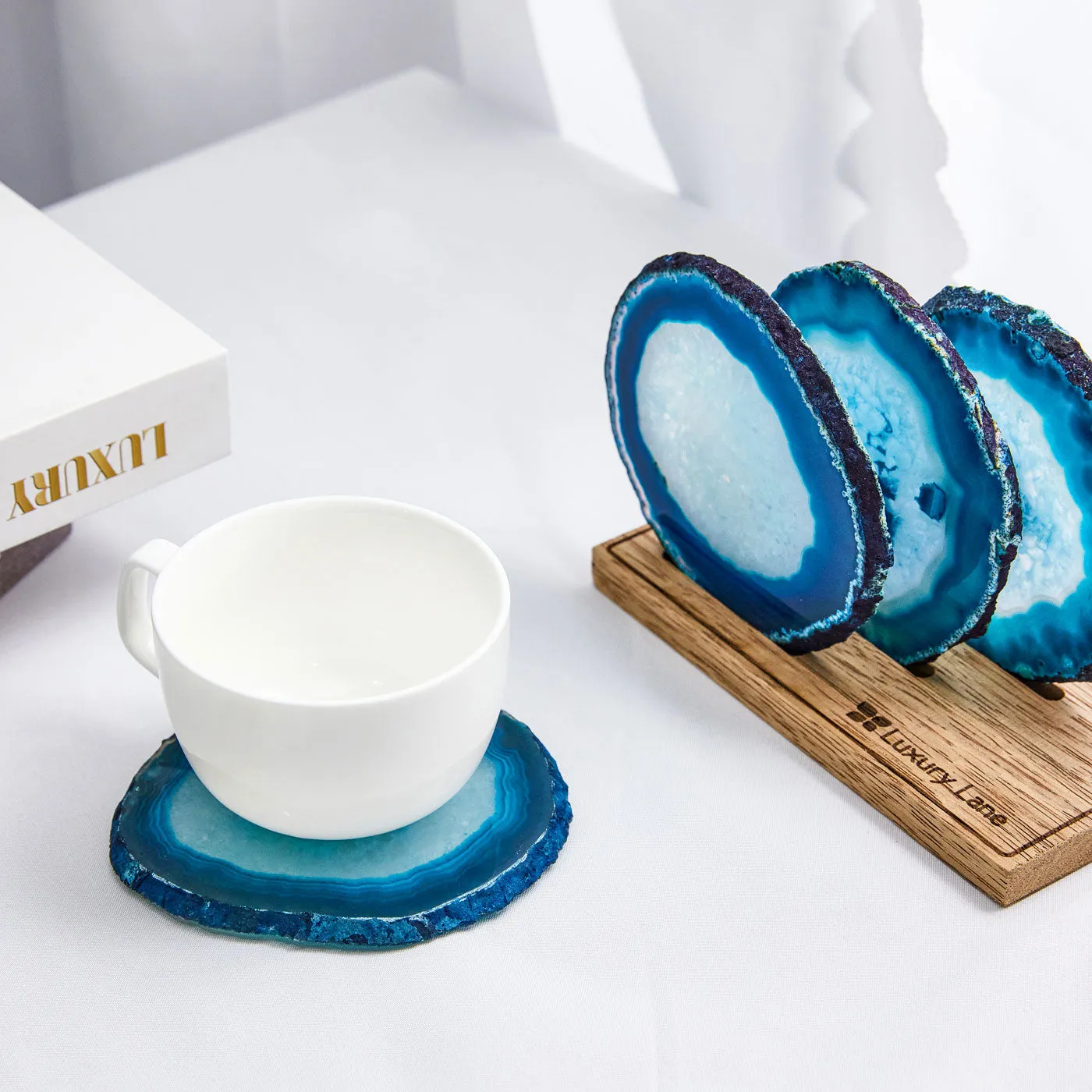 Set of 4 Natural Brazilian Agate Drink Coasters with Wood Holder - Ocean