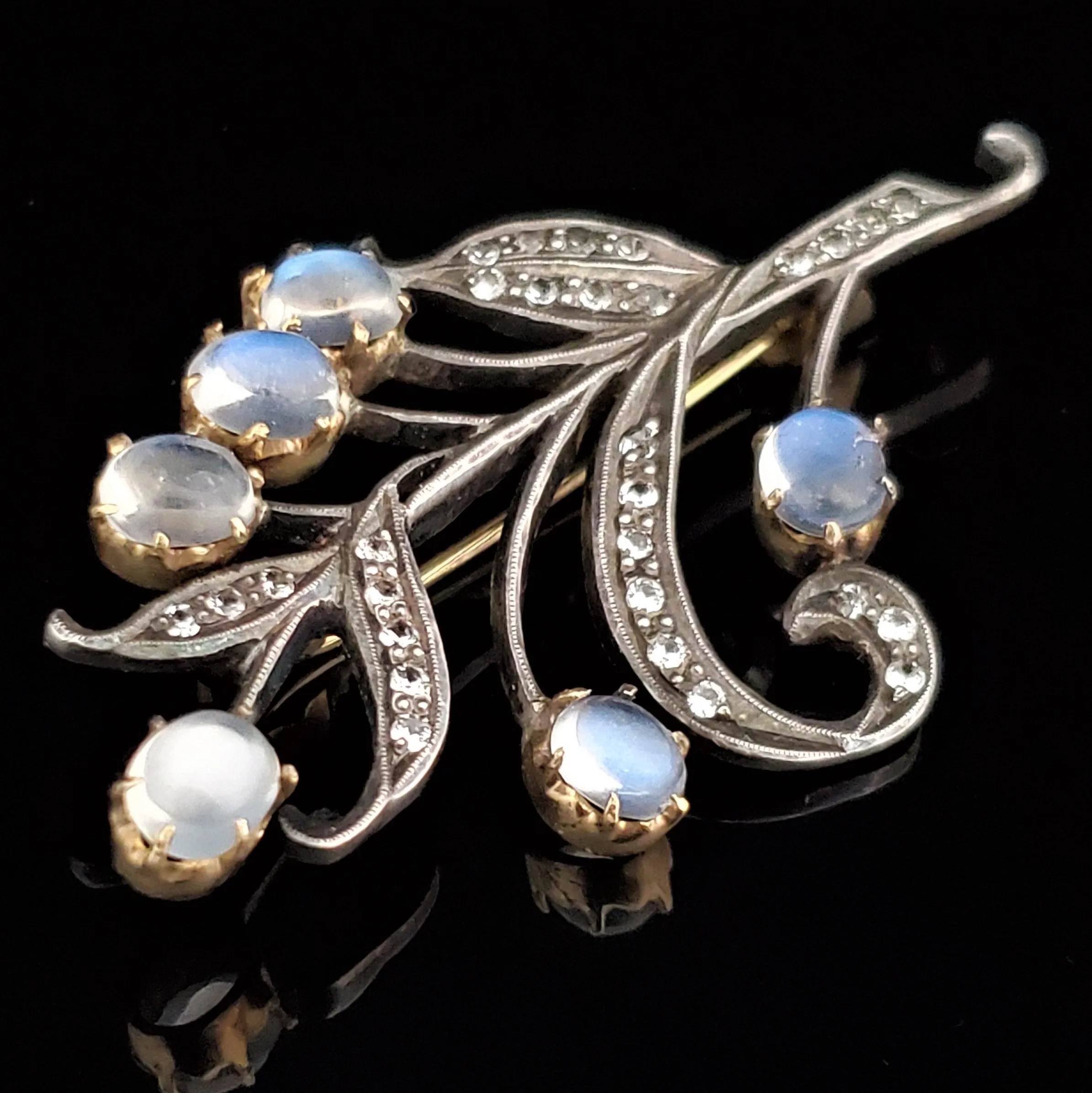 The Austin - Victorian Era Moonstone Diamond 14k Gold Silvertop Brooch