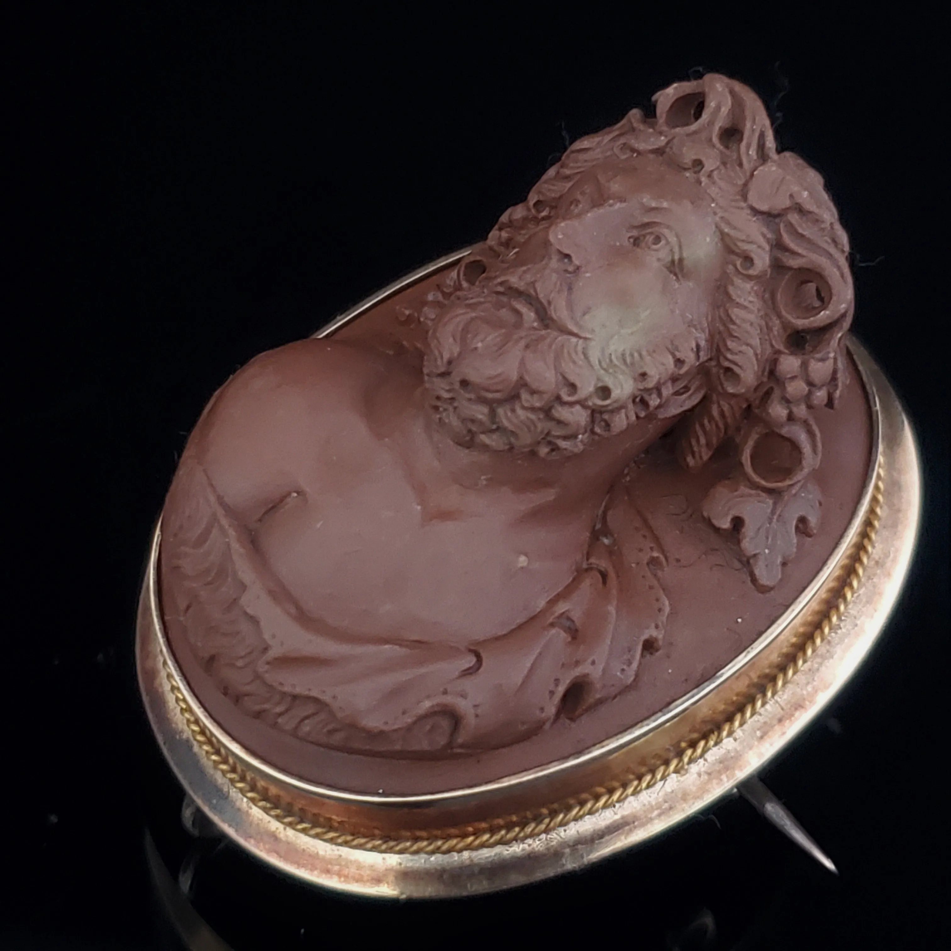 The Westmount - Victorian Carved High Relief Lava Cameo Brooch FOB in 14k Yellow Gold