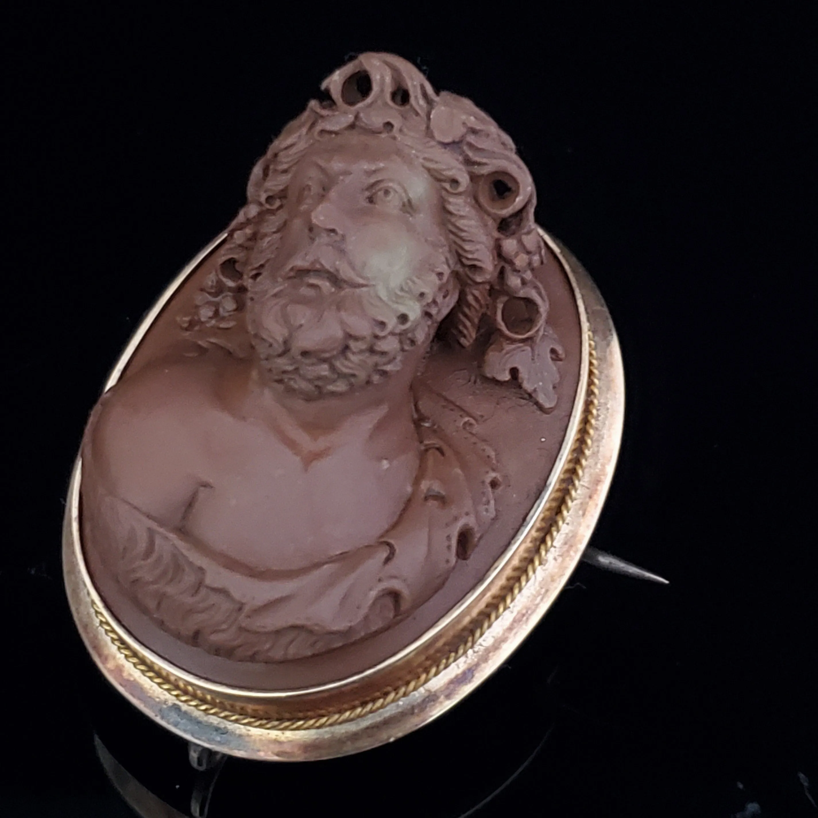 The Westmount - Victorian Carved High Relief Lava Cameo Brooch FOB in 14k Yellow Gold