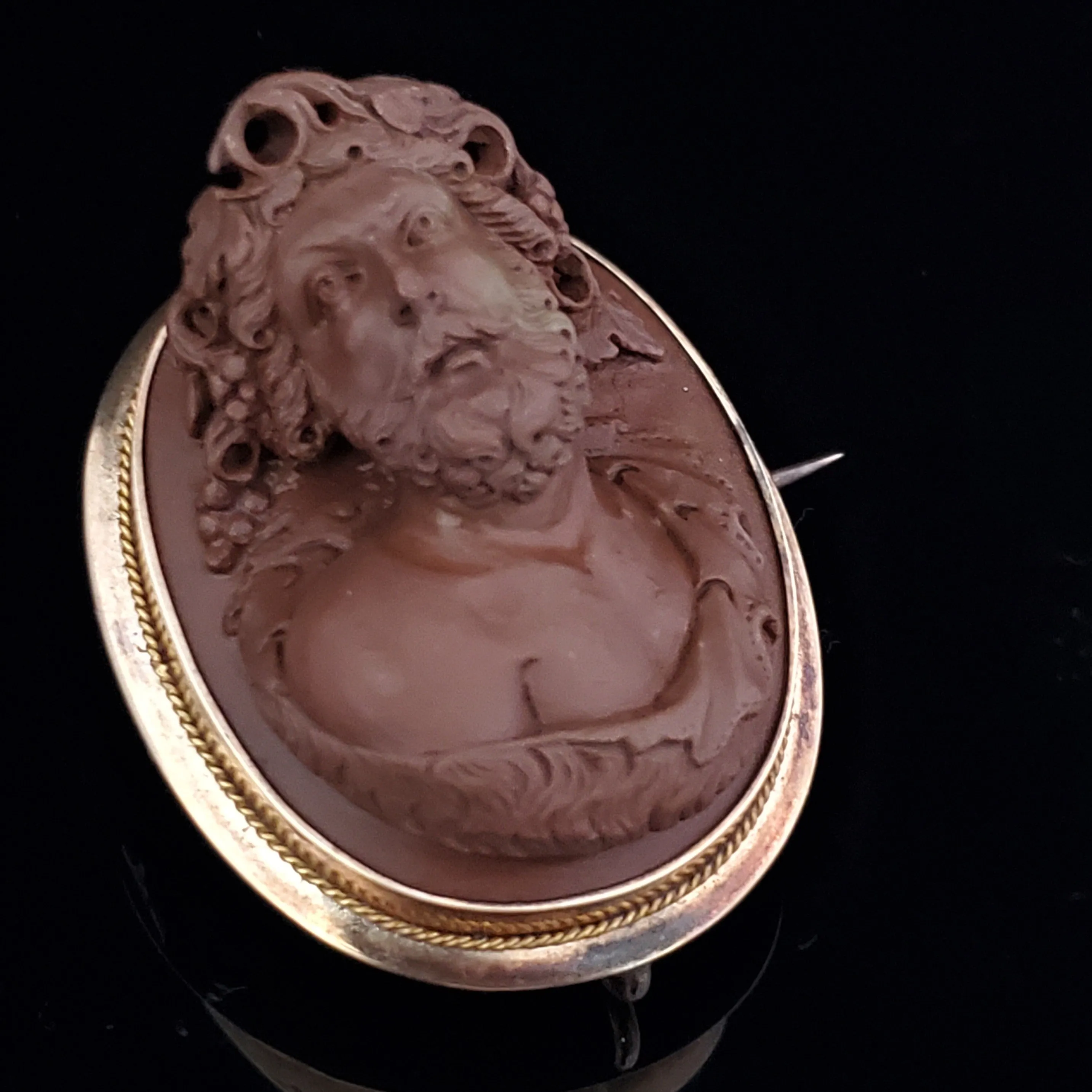 The Westmount - Victorian Carved High Relief Lava Cameo Brooch FOB in 14k Yellow Gold