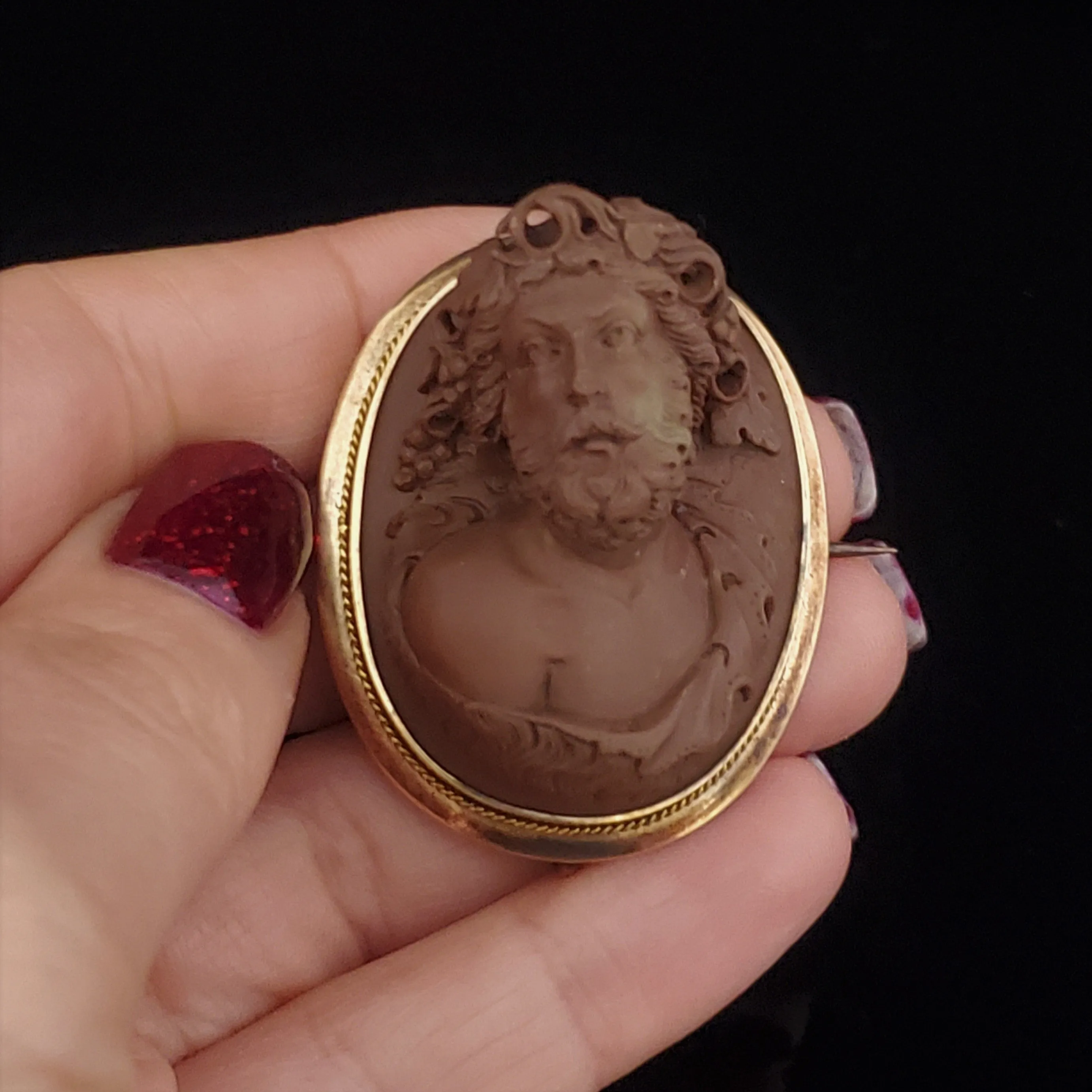 The Westmount - Victorian Carved High Relief Lava Cameo Brooch FOB in 14k Yellow Gold