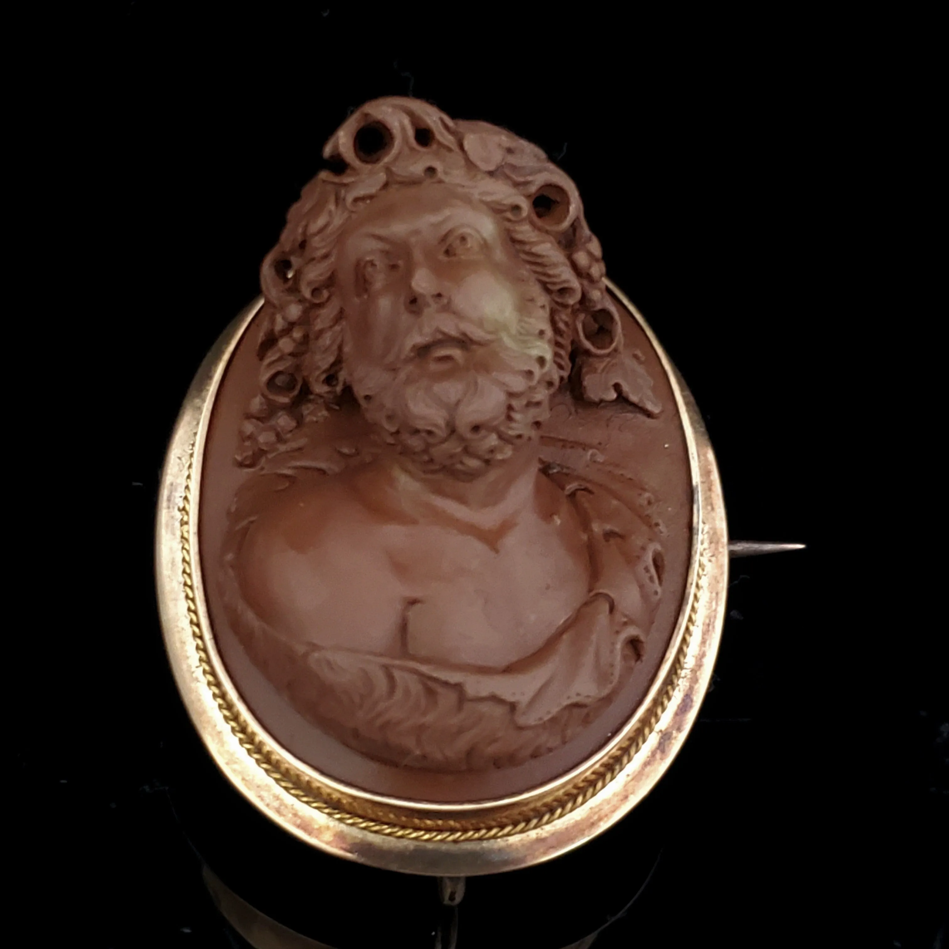 The Westmount - Victorian Carved High Relief Lava Cameo Brooch FOB in 14k Yellow Gold